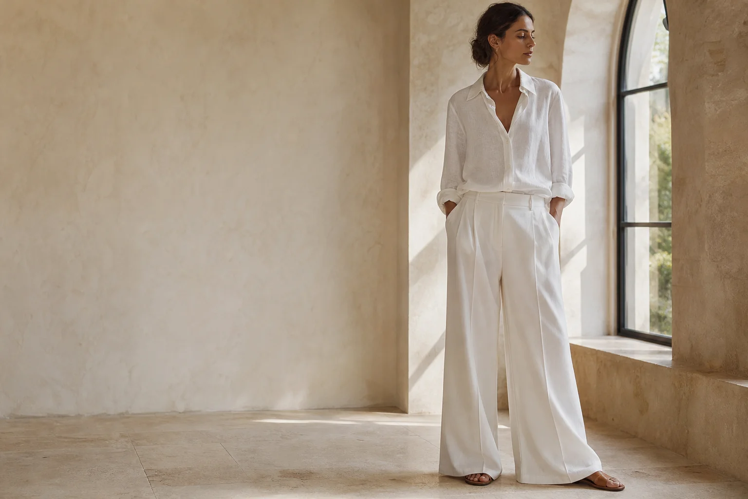 A woman in a white linen shirt and wide-leg trousers in a sunlit stone room