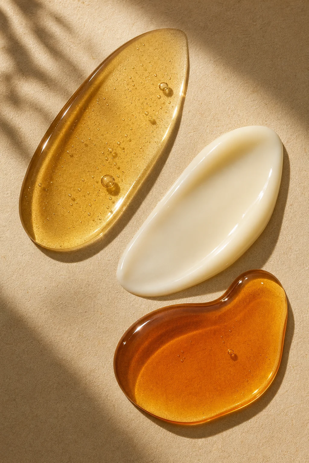 Gros plan sur des textures d'huile ambrée et de soin capillaire