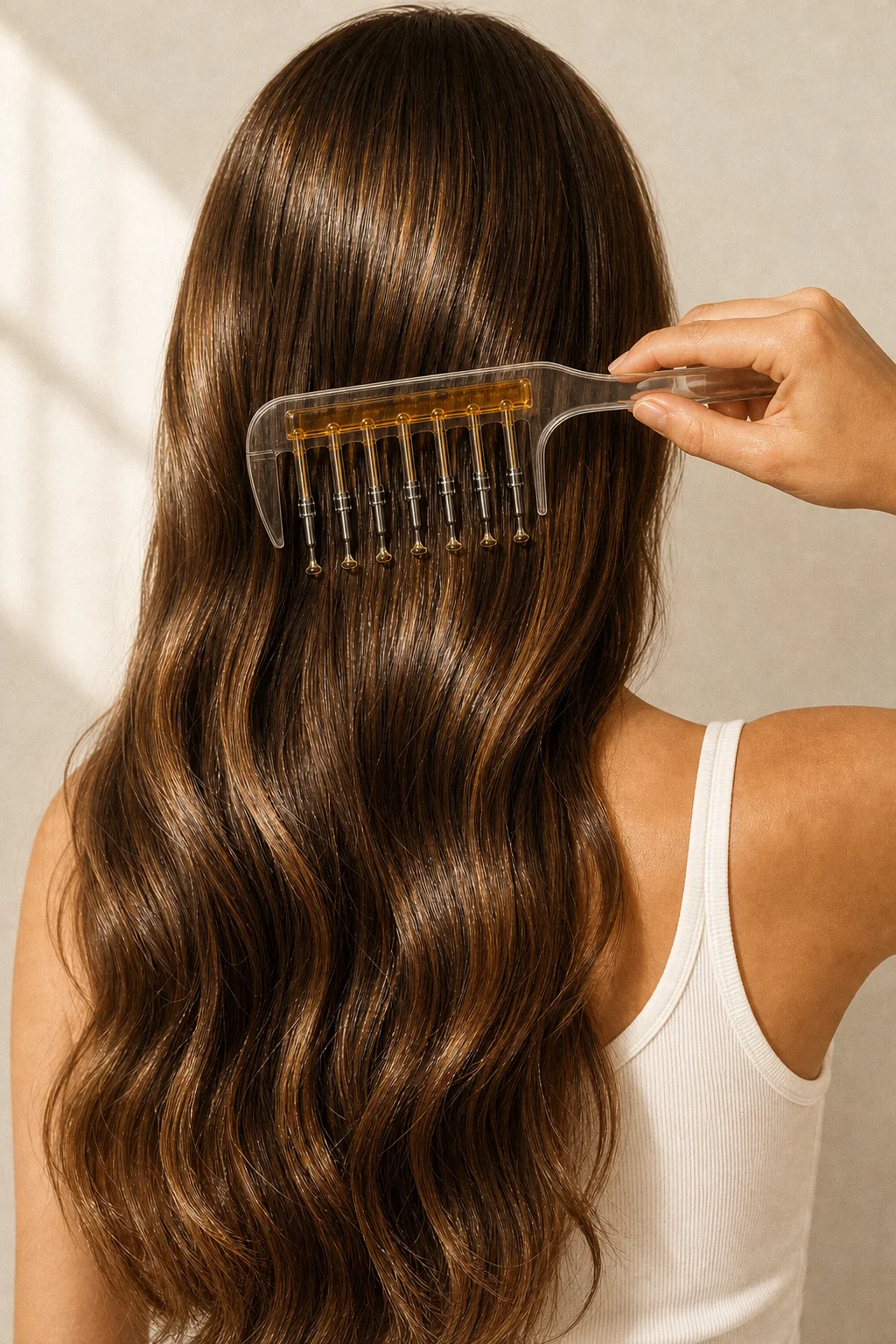Le peigne posé aux racines de longs cheveux ondulés