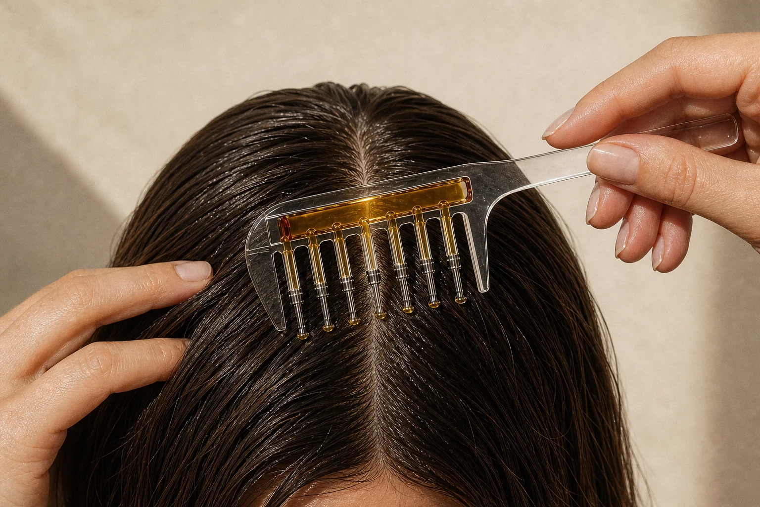 Des mains posent le peigne applicateur sur la raie de longs cheveux bruns