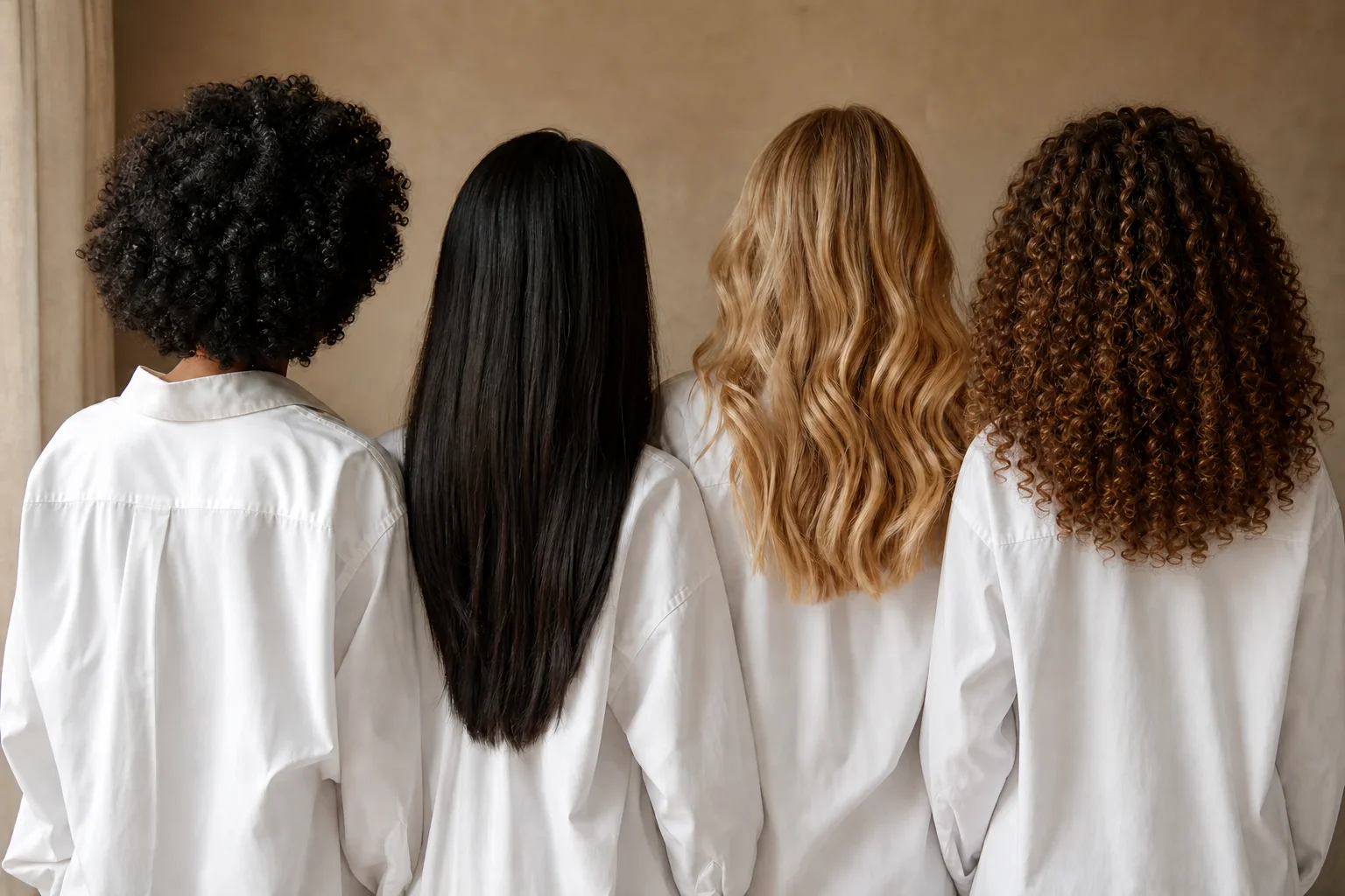 Quatre femmes de dos, chacune avec une texture de cheveux différente