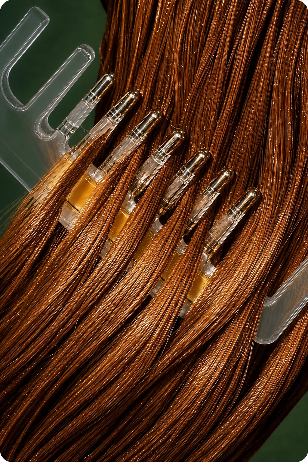 Le peigne applicateur glisse dans de longs cheveux cuivrés, au niveau des racines