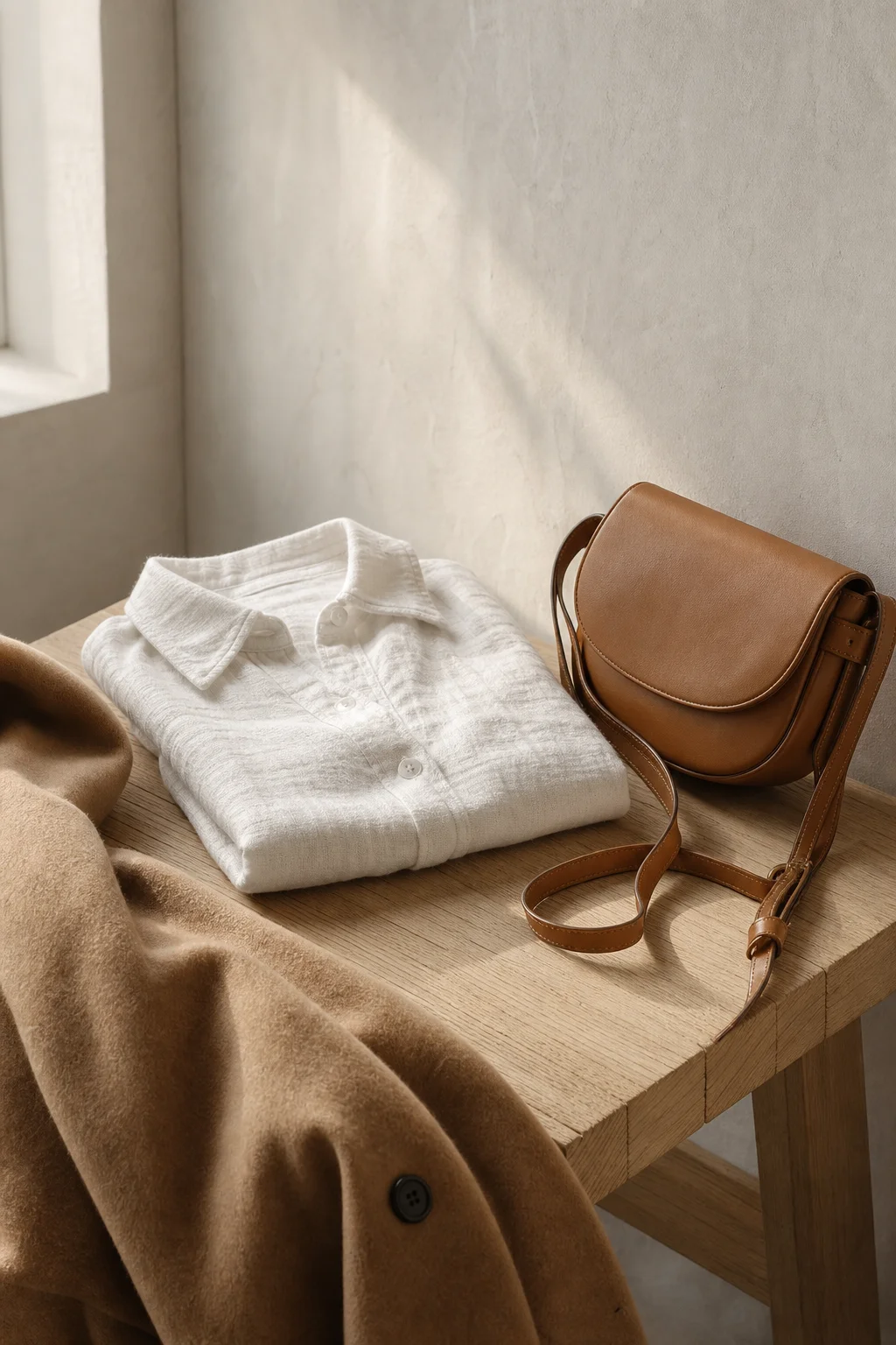 Folded linen shirt and leather bag resting on an oak bench