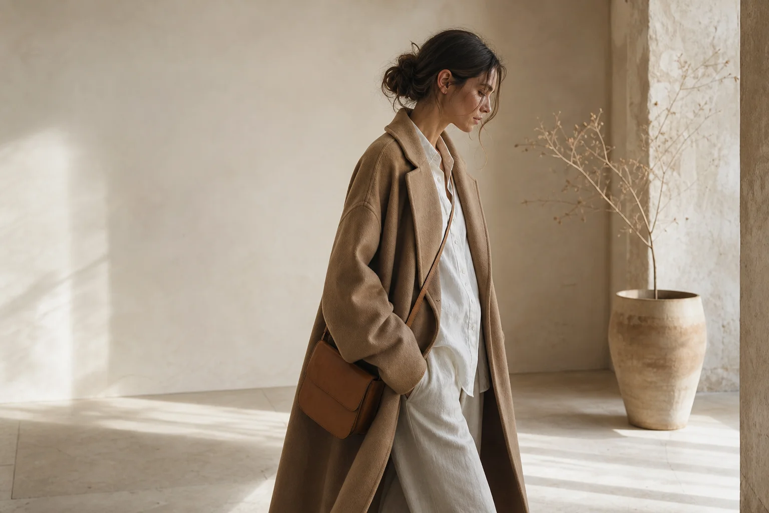 A camel wool coat worn over a linen shirt in soft morning light