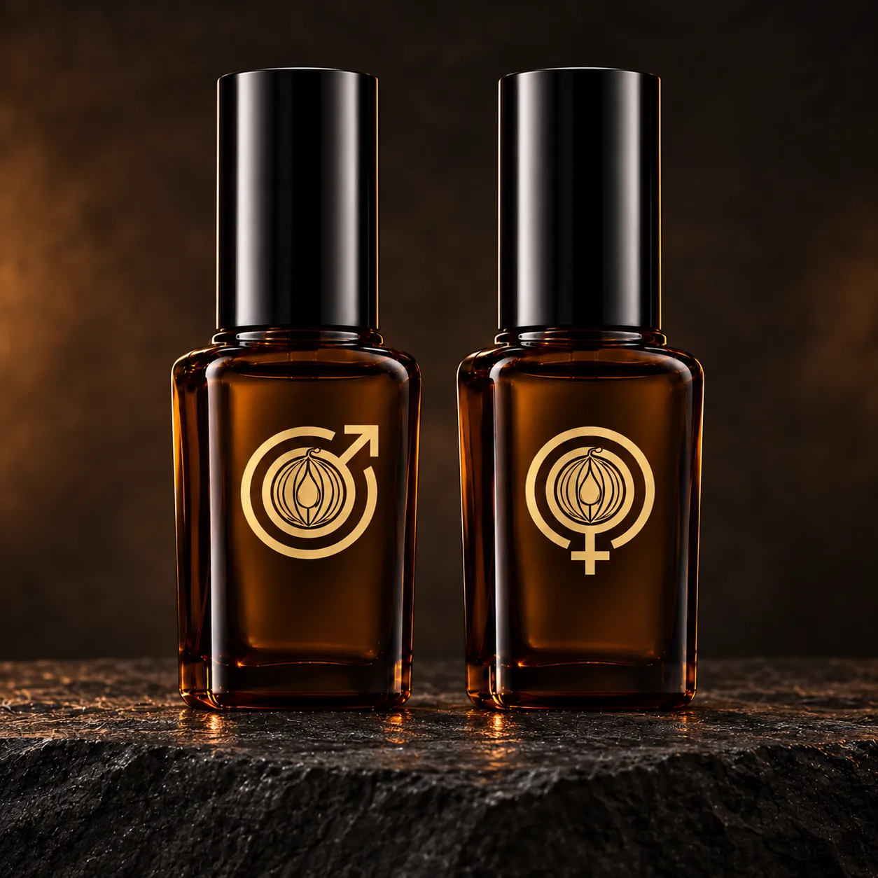 Two amber MelonDrop Original bottles with gold his-and-hers symbols