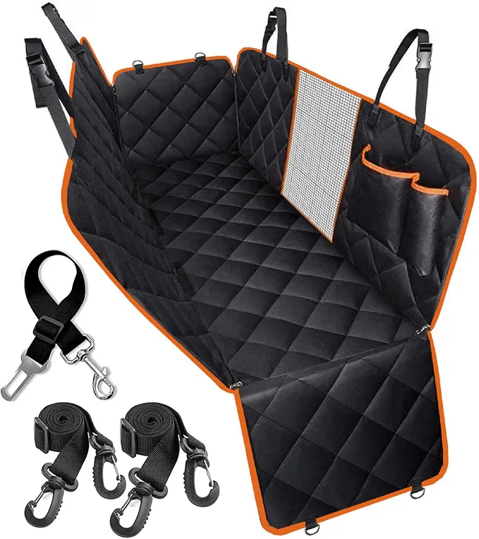 Black quilted dog car seat hammock with orange trim