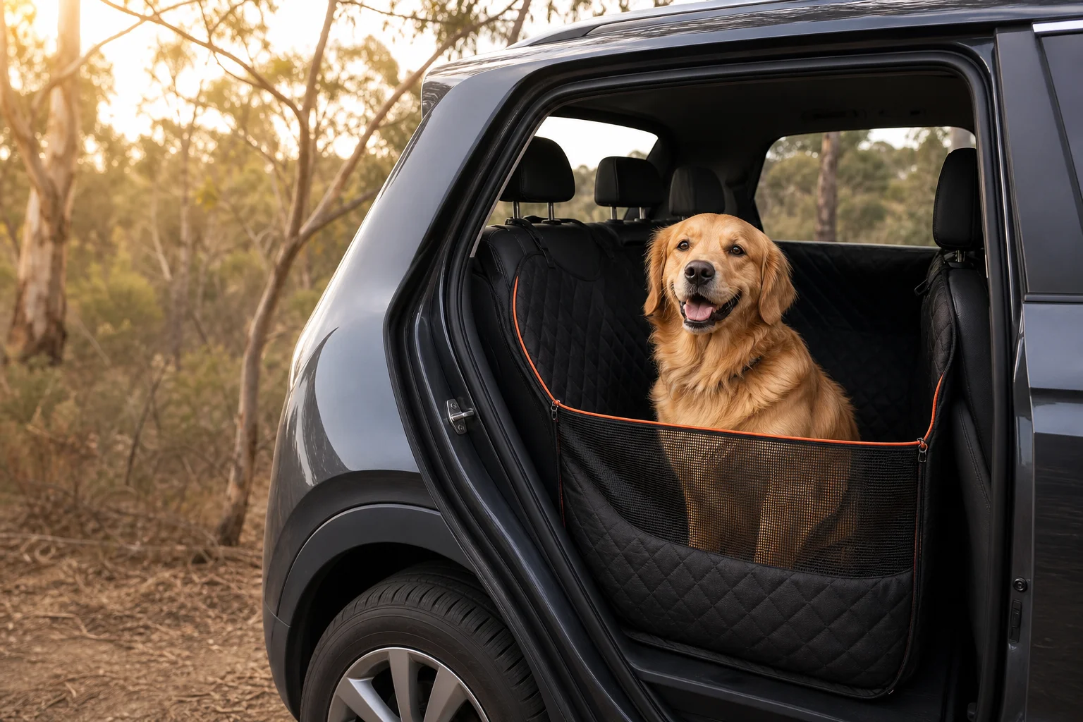 Dog travelling safely on a protected car seat