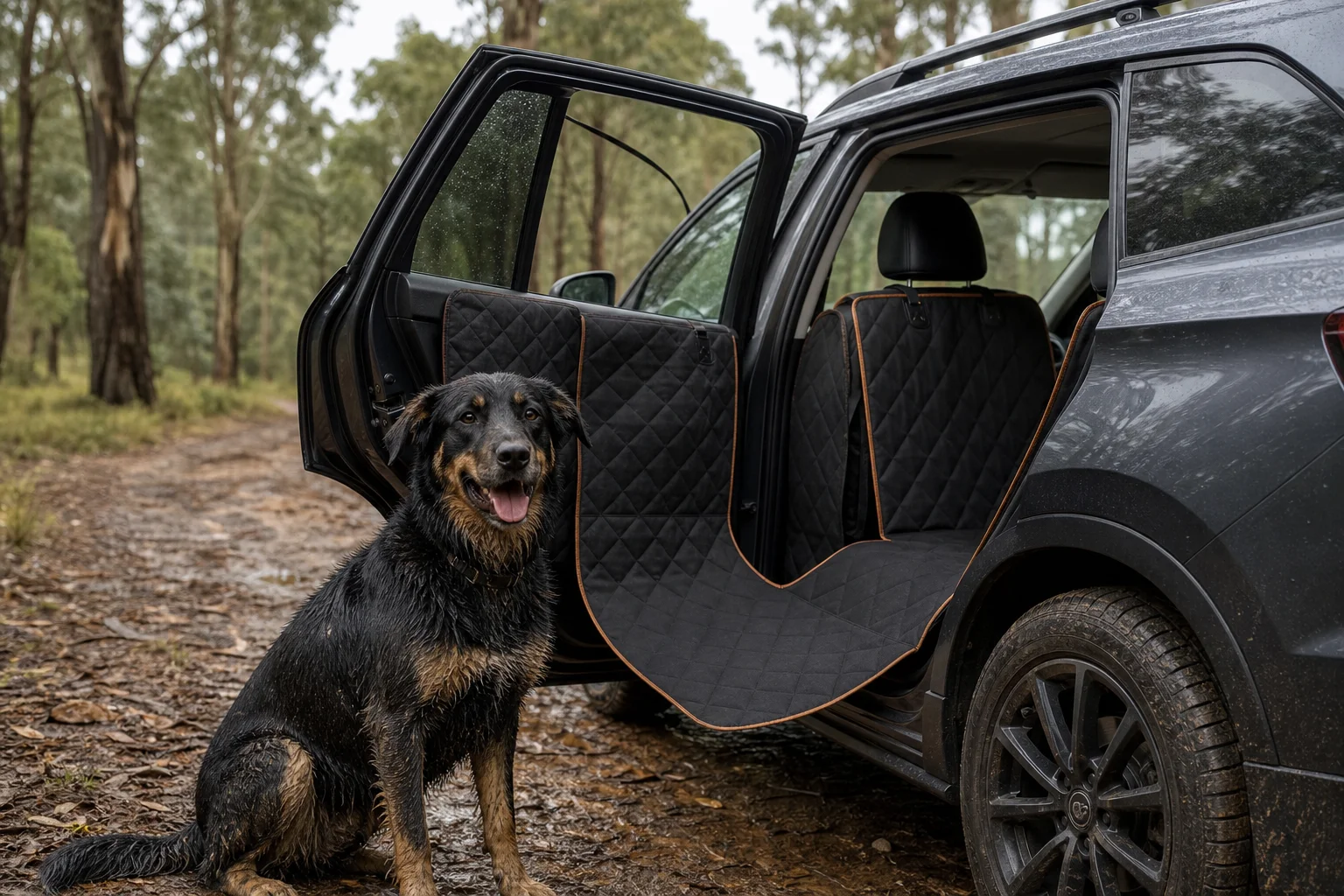 Dog beside an SUV ready for an outdoor trip