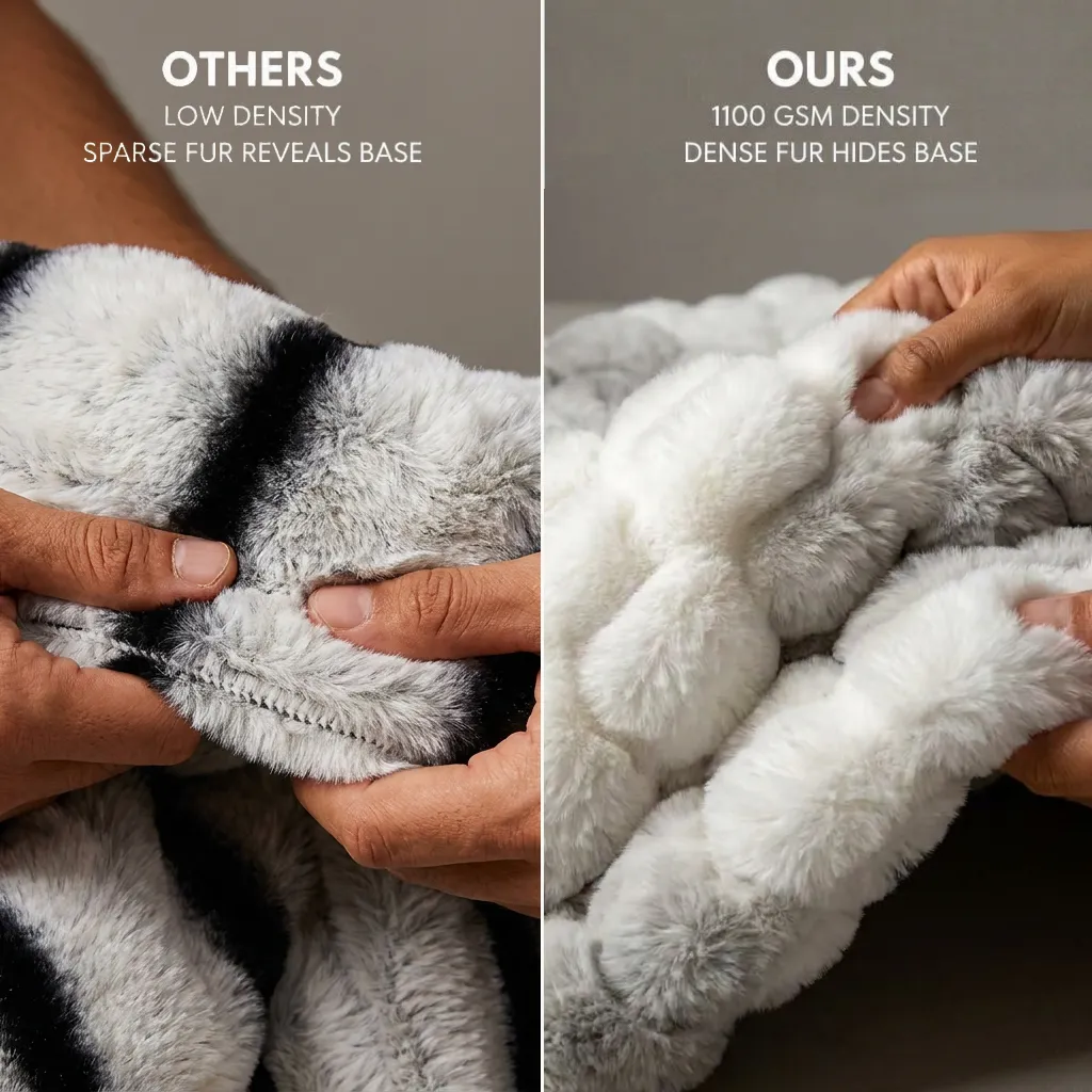 Sparse low-density faux fur on the left compared with the closed 1100 GSM Jurova pile on the right