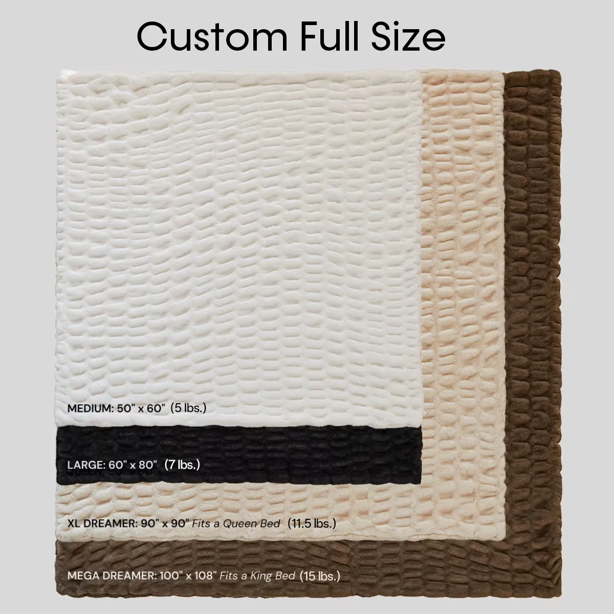Size chart: Medium 50 by 60 inches, Large 60 by 80, XL Dreamer 90 by 90, Mega Dreamer 100 by 108