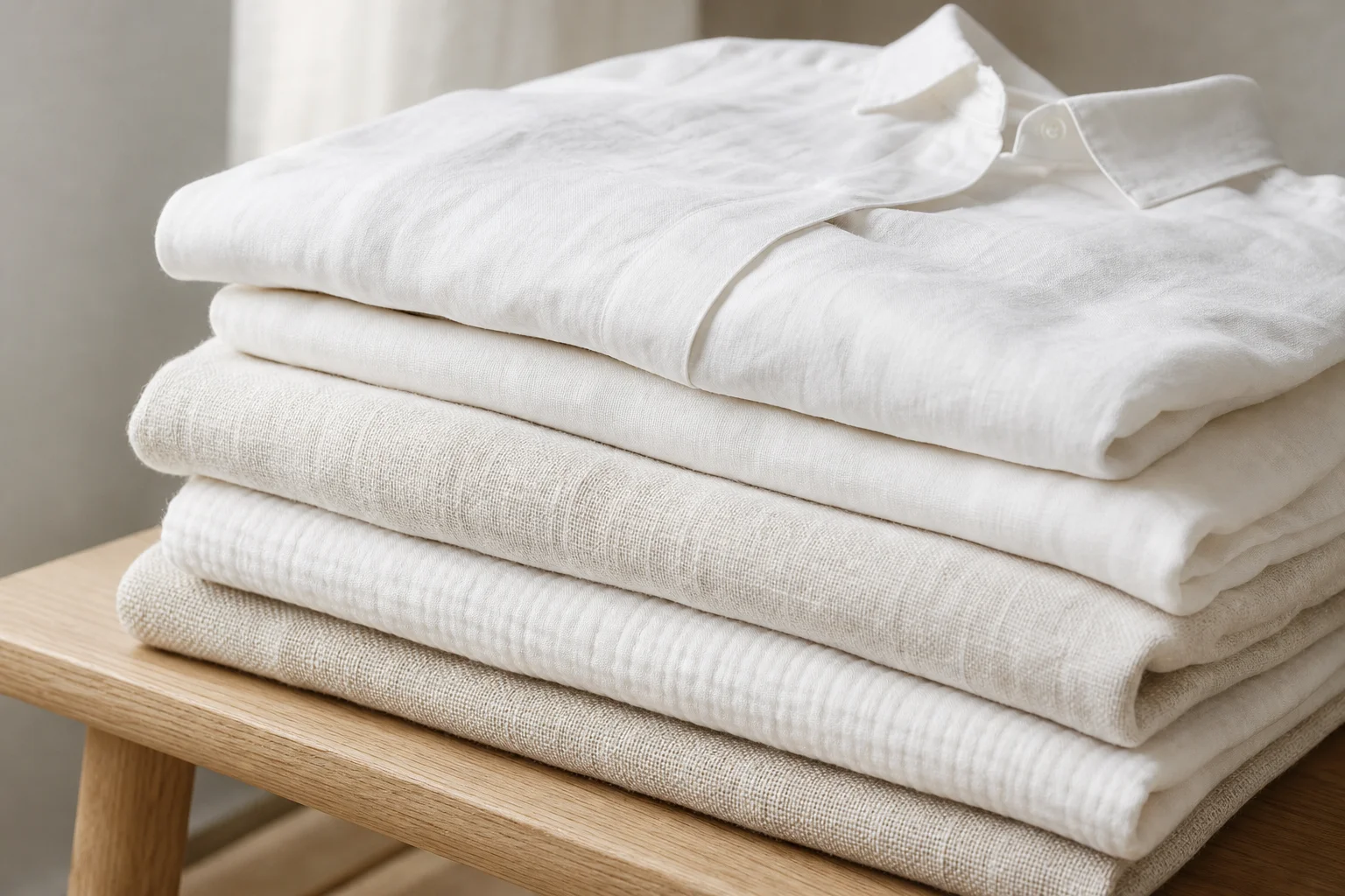 Folded white linen and cotton garments on a pale oak bench