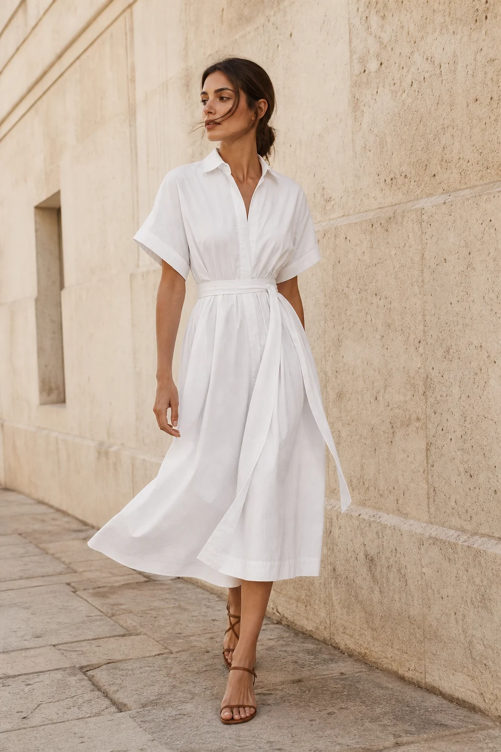 A woman in a white poplin midi dress walking past a limestone wall