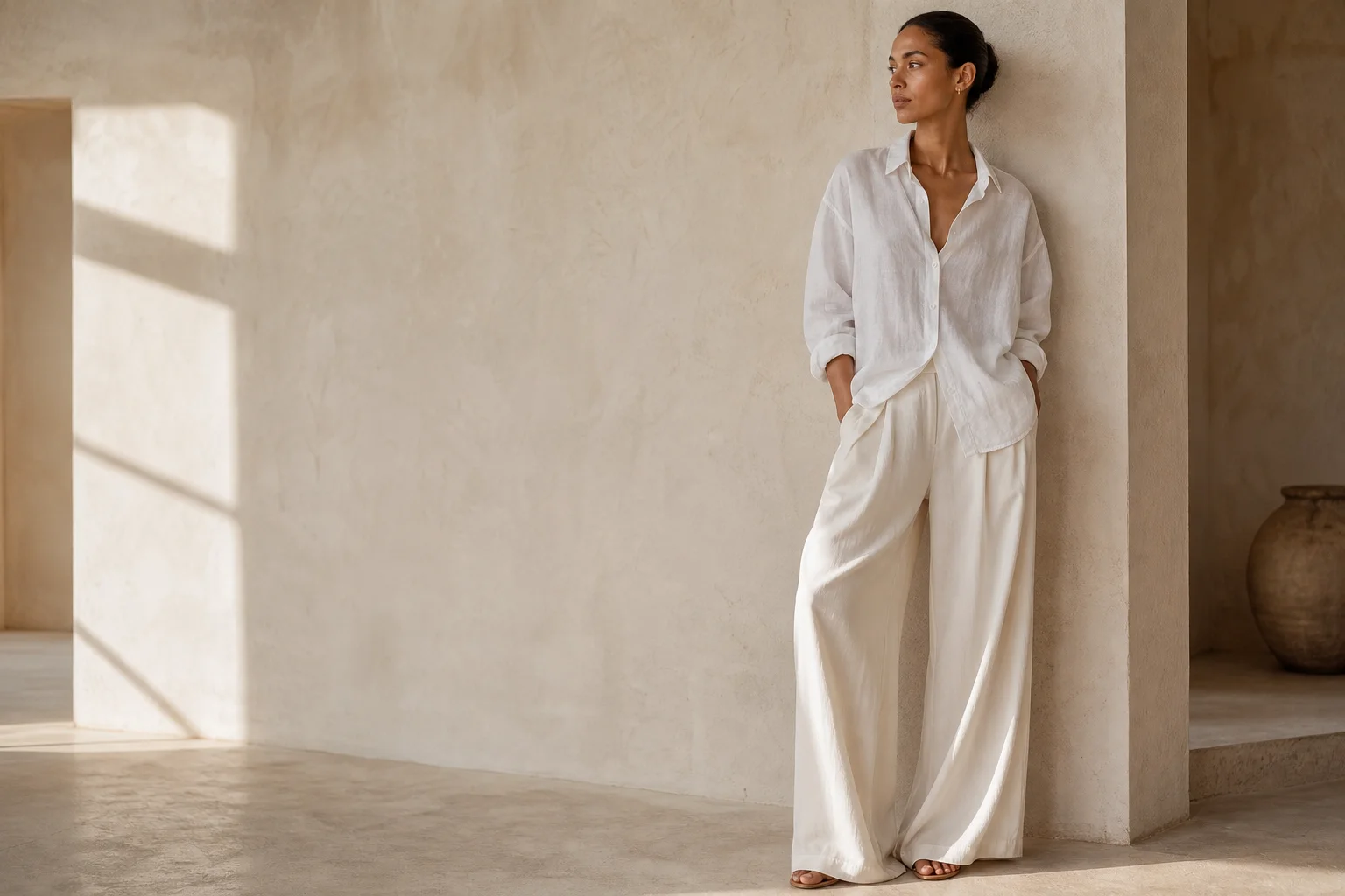 A woman in an oversized white linen shirt in a sunlit plaster room