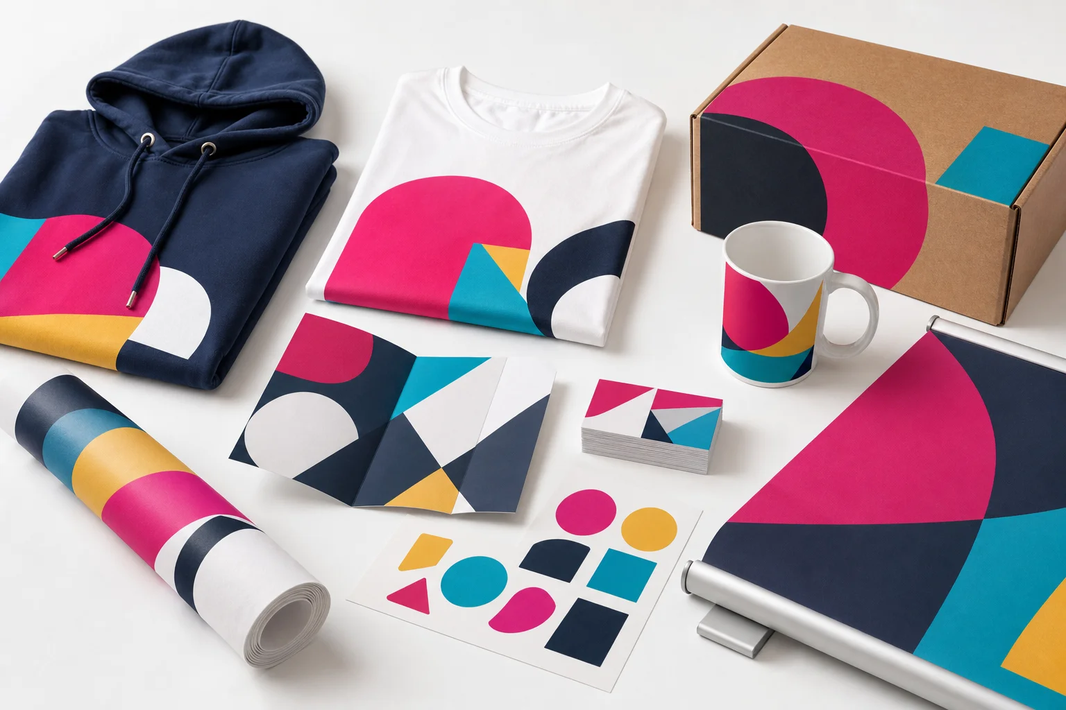 Printed clothing, business cards, brochures, stickers, packaging, mugs and banners