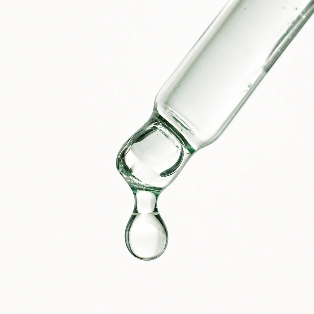 Glass dropper releasing a single drop of serum