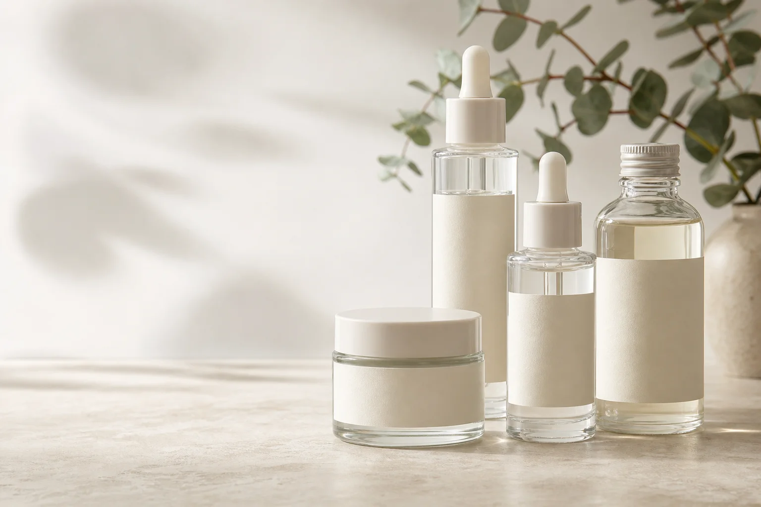 Clear glass skincare jars and dropper bottles on a neutral stone surface
