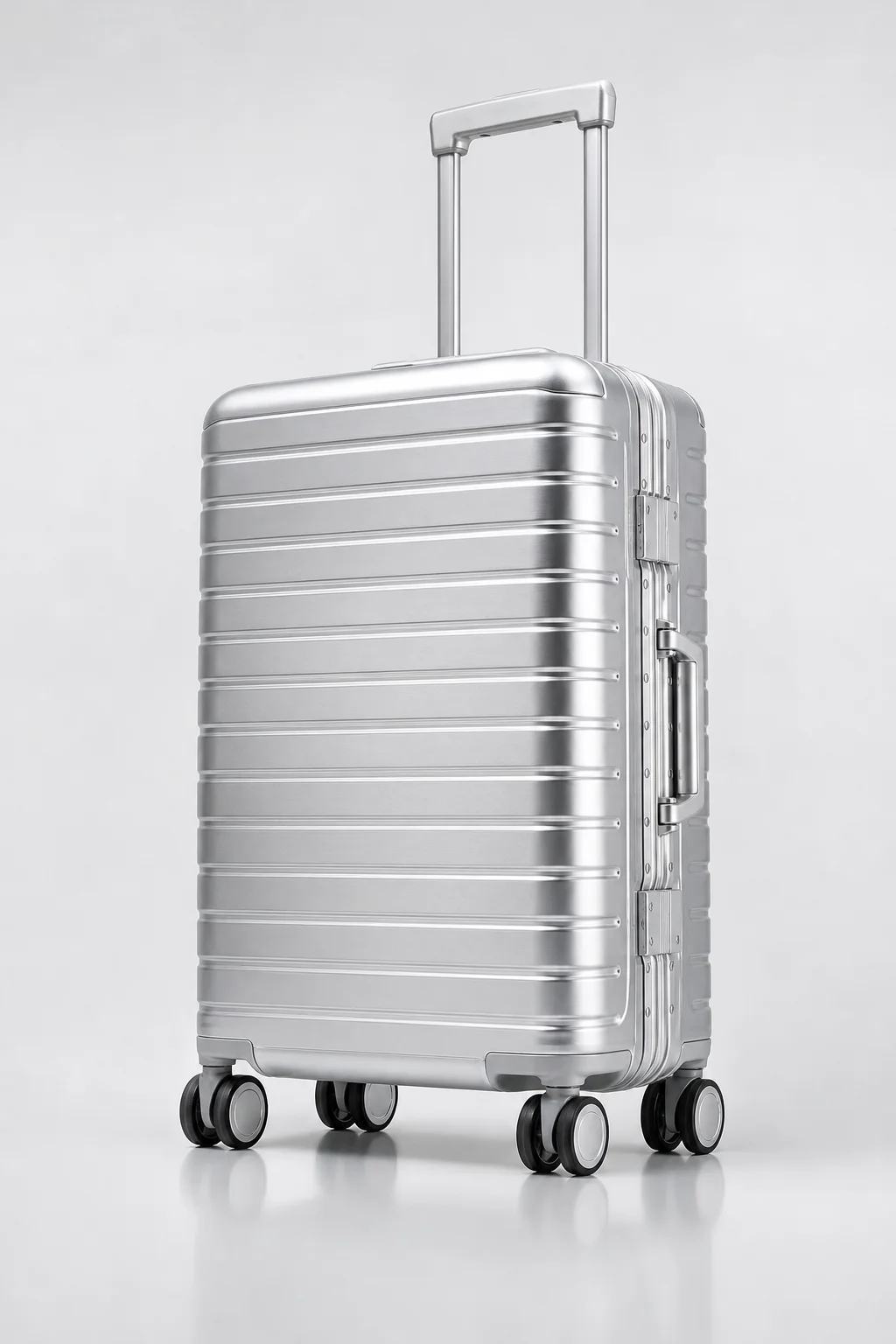 Aluminum-magnesium alloy spinner suitcase on a studio floor