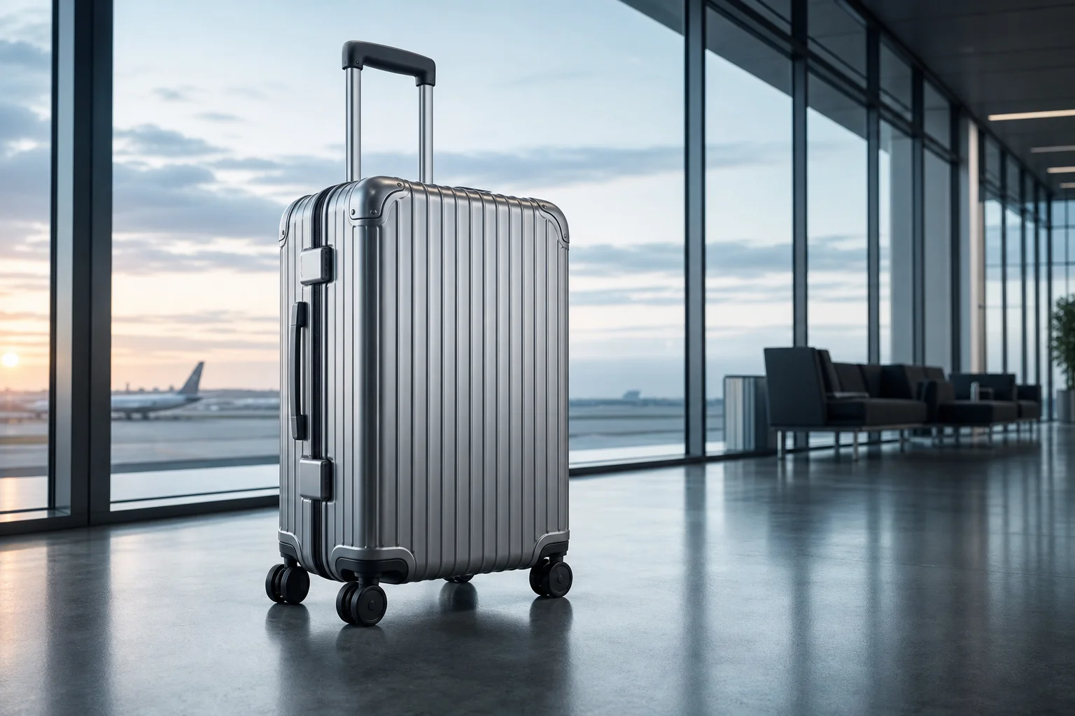 The alloy suitcase standing in a modern airport terminal at dawn