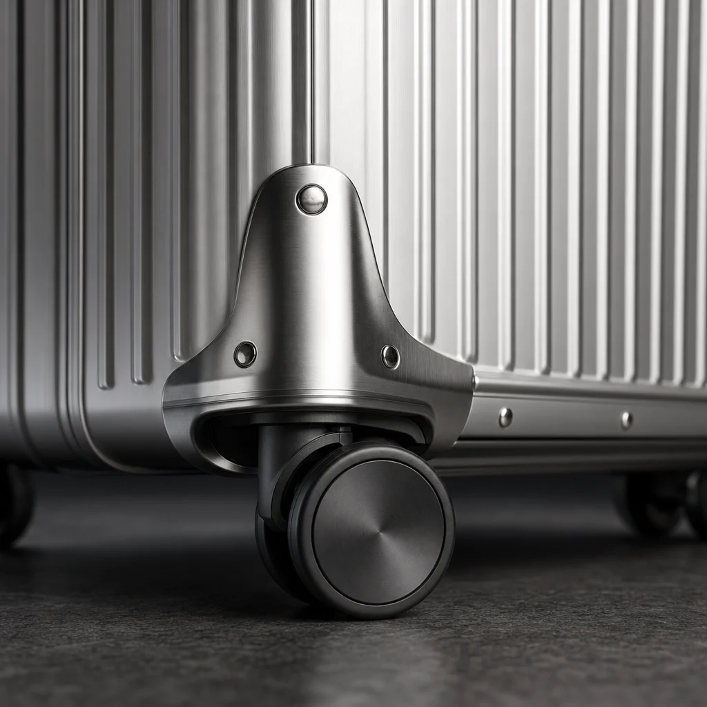 Close-up of the reinforced corner guard and spinner wheel