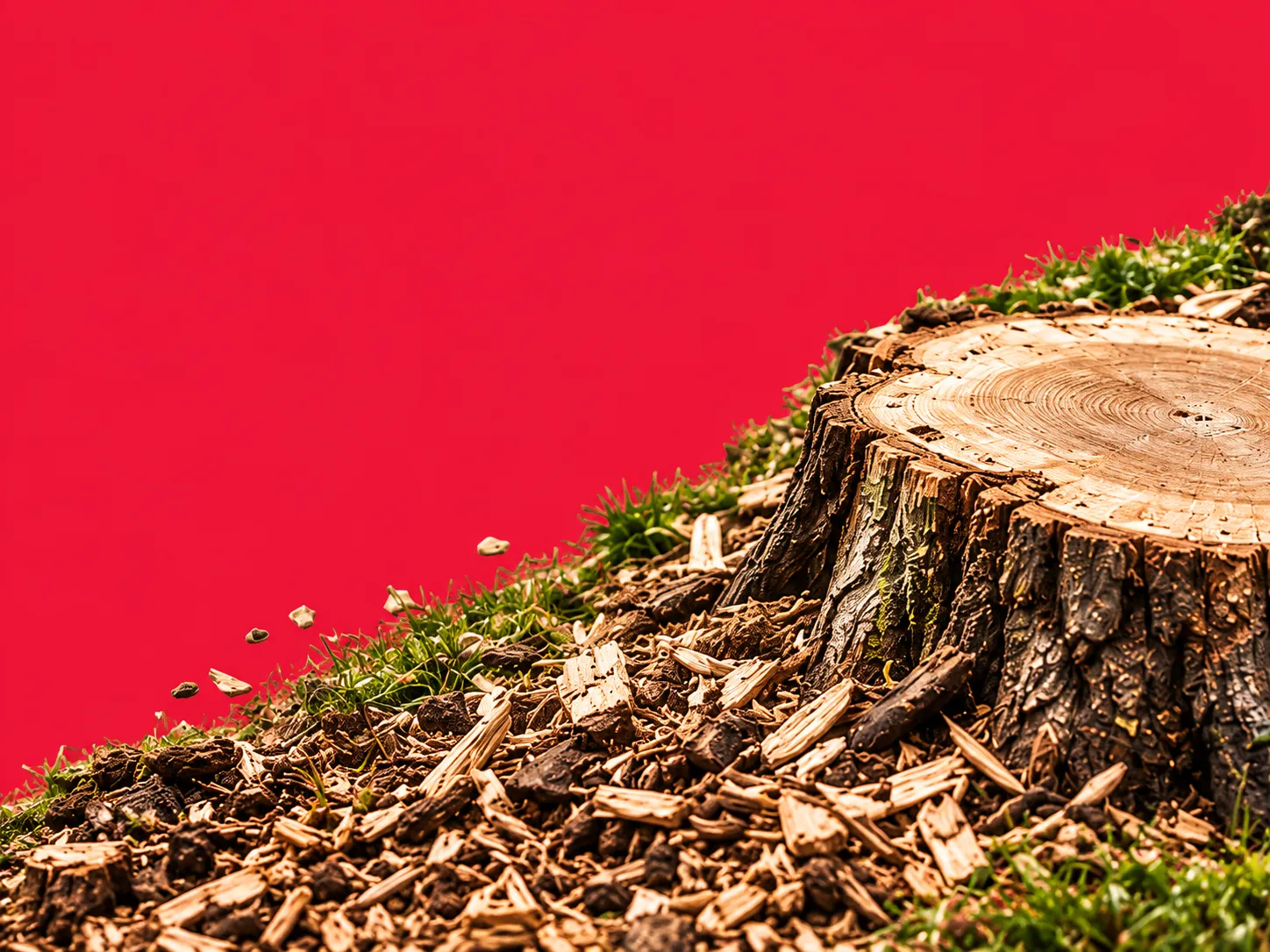 A freshly ground tree stump surrounded by wood chips against a red field