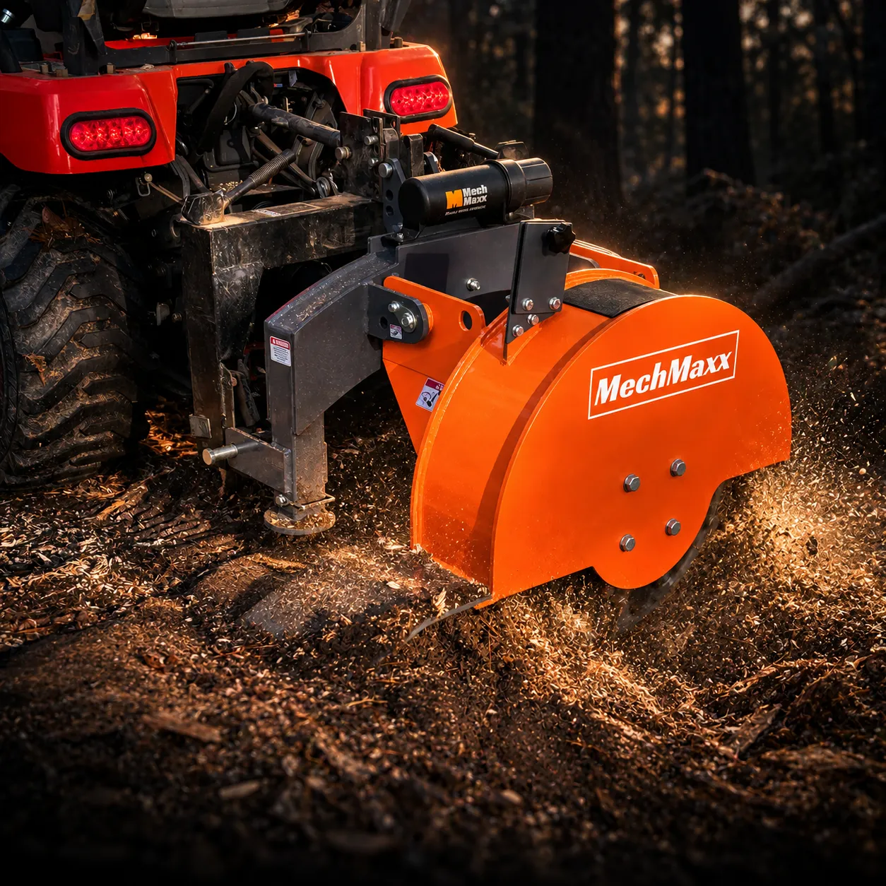 The SG24 on a tractor throwing wood chips at dusk