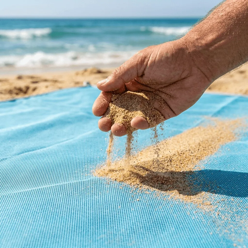 SolScape XL Sand-Free Beach Mat — sand falling through the mesh