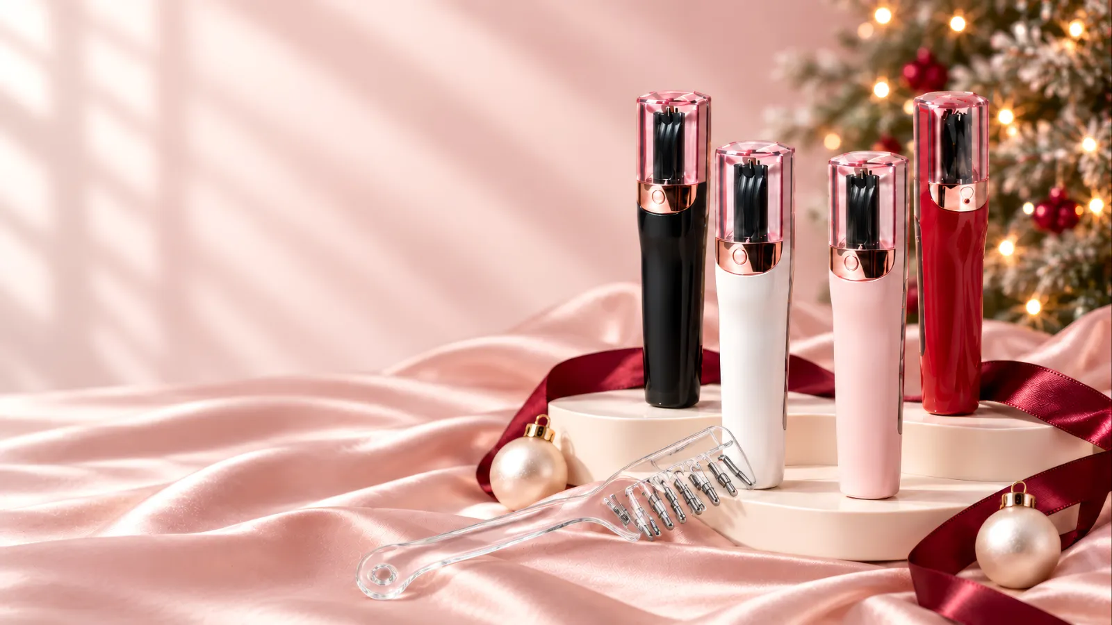 Black, White, Pink and Red KEPT trimmers with a transparent scalp applicator on foreground pink satin, burgundy ribbon and Christmas ornaments.