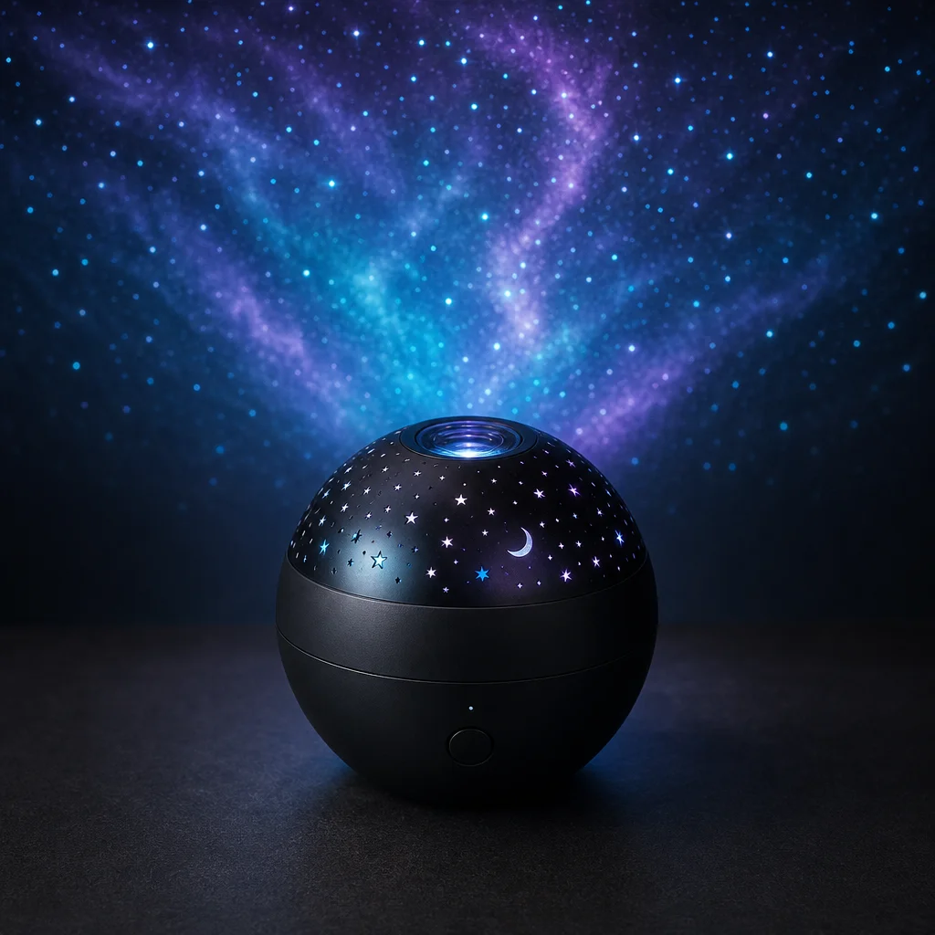 NightDrift galaxy-projector die een cyaan nevel projecteert