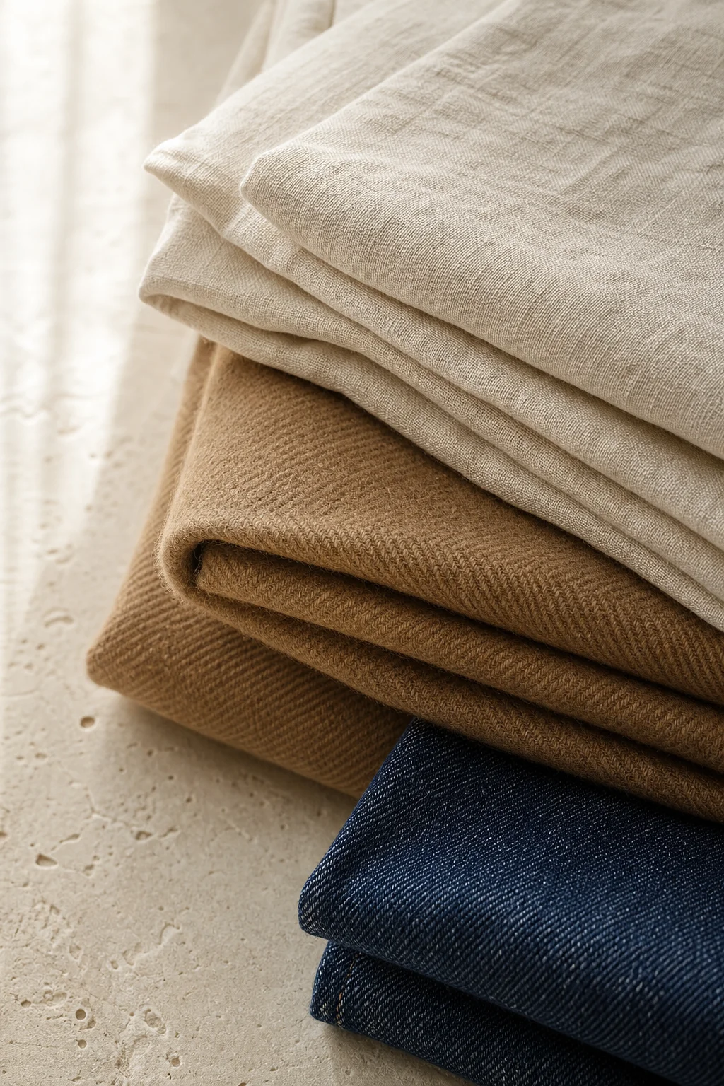 Folded linen, camel wool and indigo denim on a limestone surface
