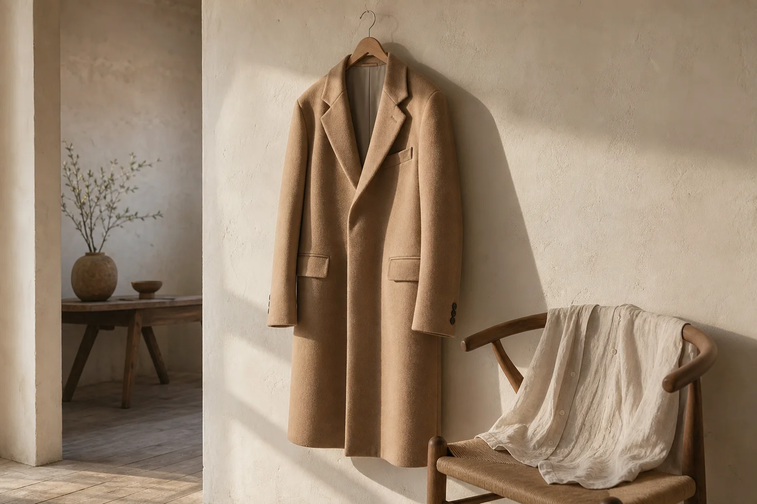 A camel wool coat hanging against a warm plaster wall in soft afternoon light