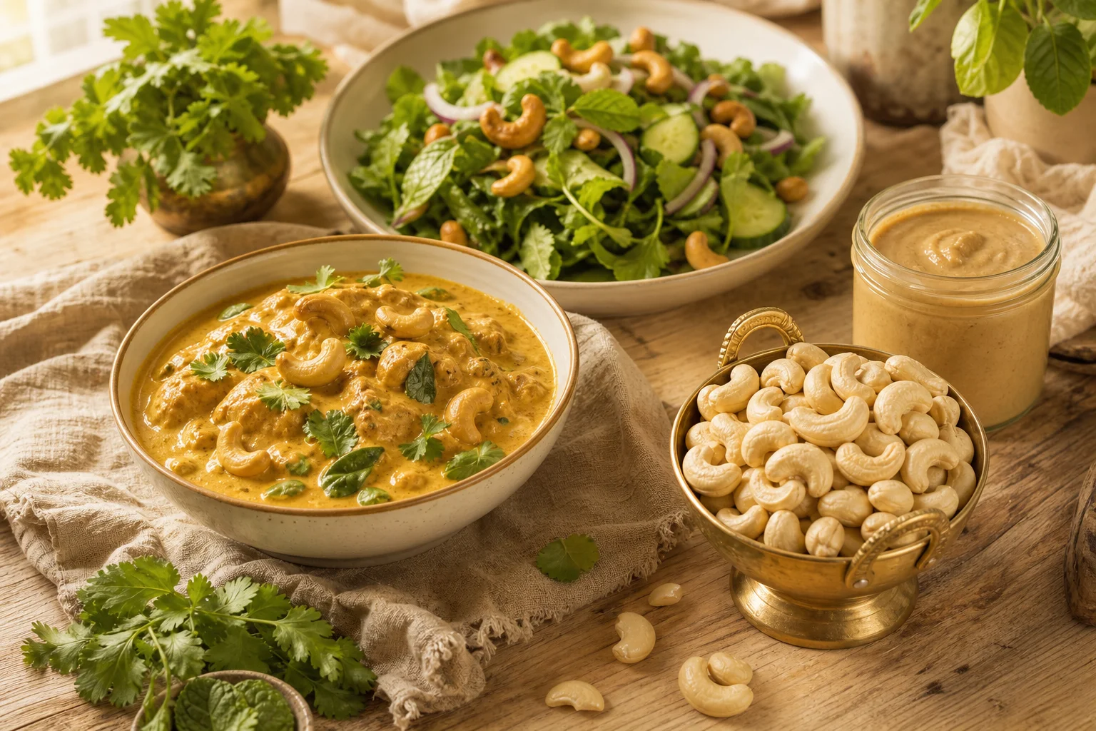 Cashew curry, salad with toasted cashews and a brass bowl of raw cashews on a wooden kitchen table