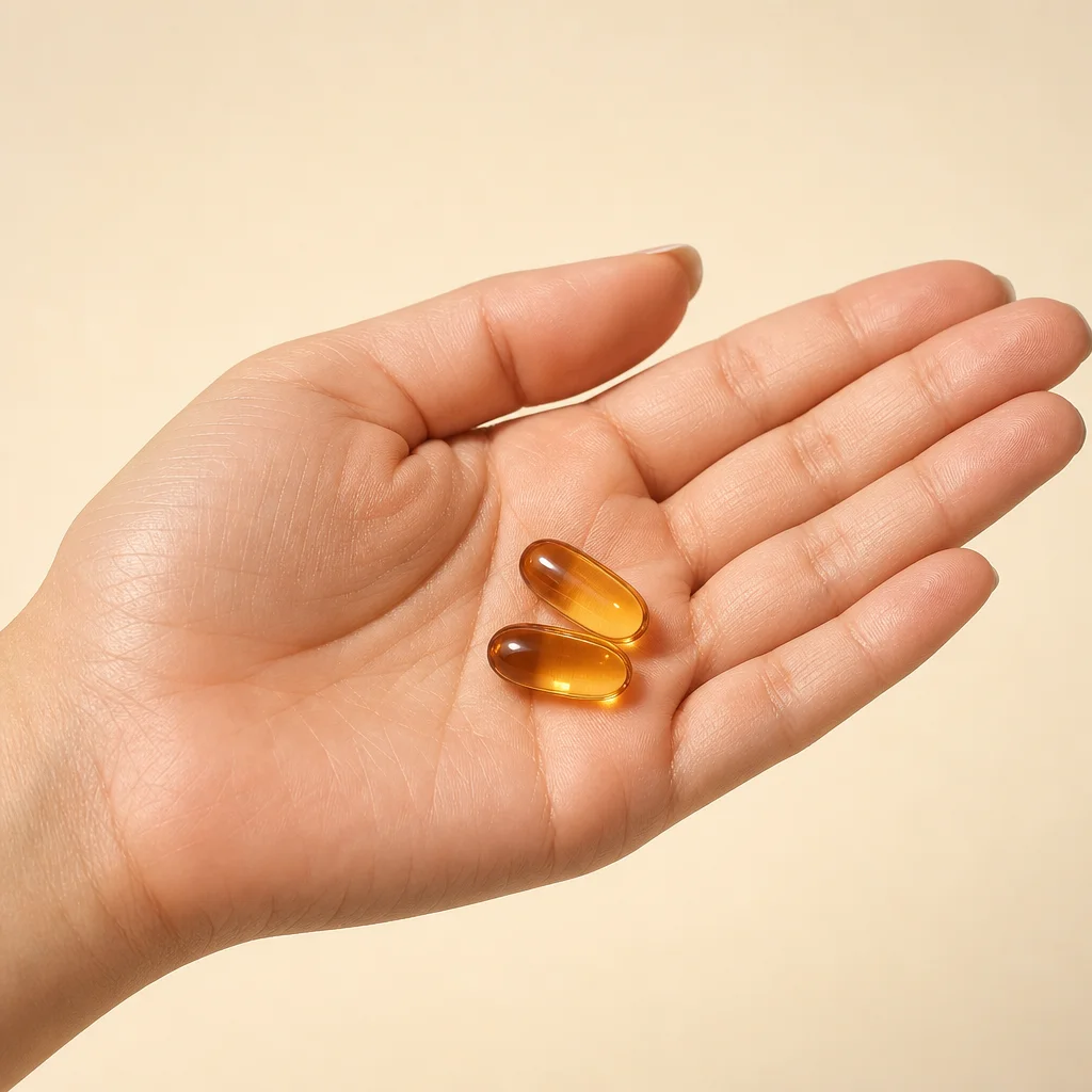 Two Jurova lutein softgels held in hand for scale