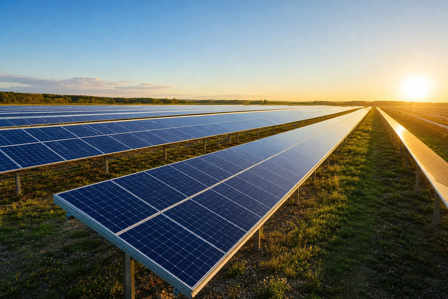 Rows of photovoltaic modules at a solar farm