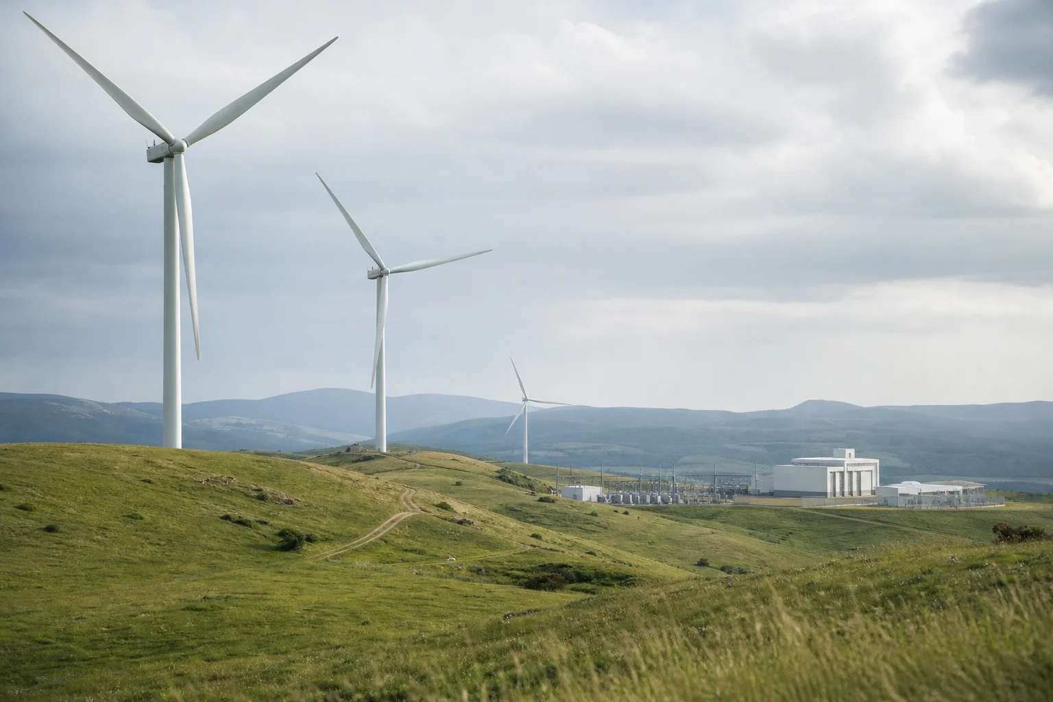 Aerogeneradores sobre colinas verdes