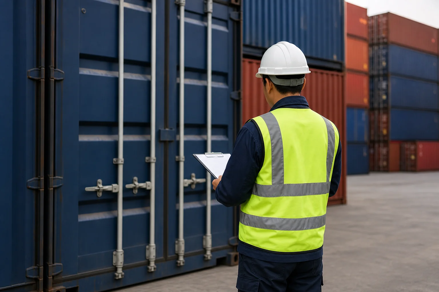 An inspector checking documents beside a shipping container