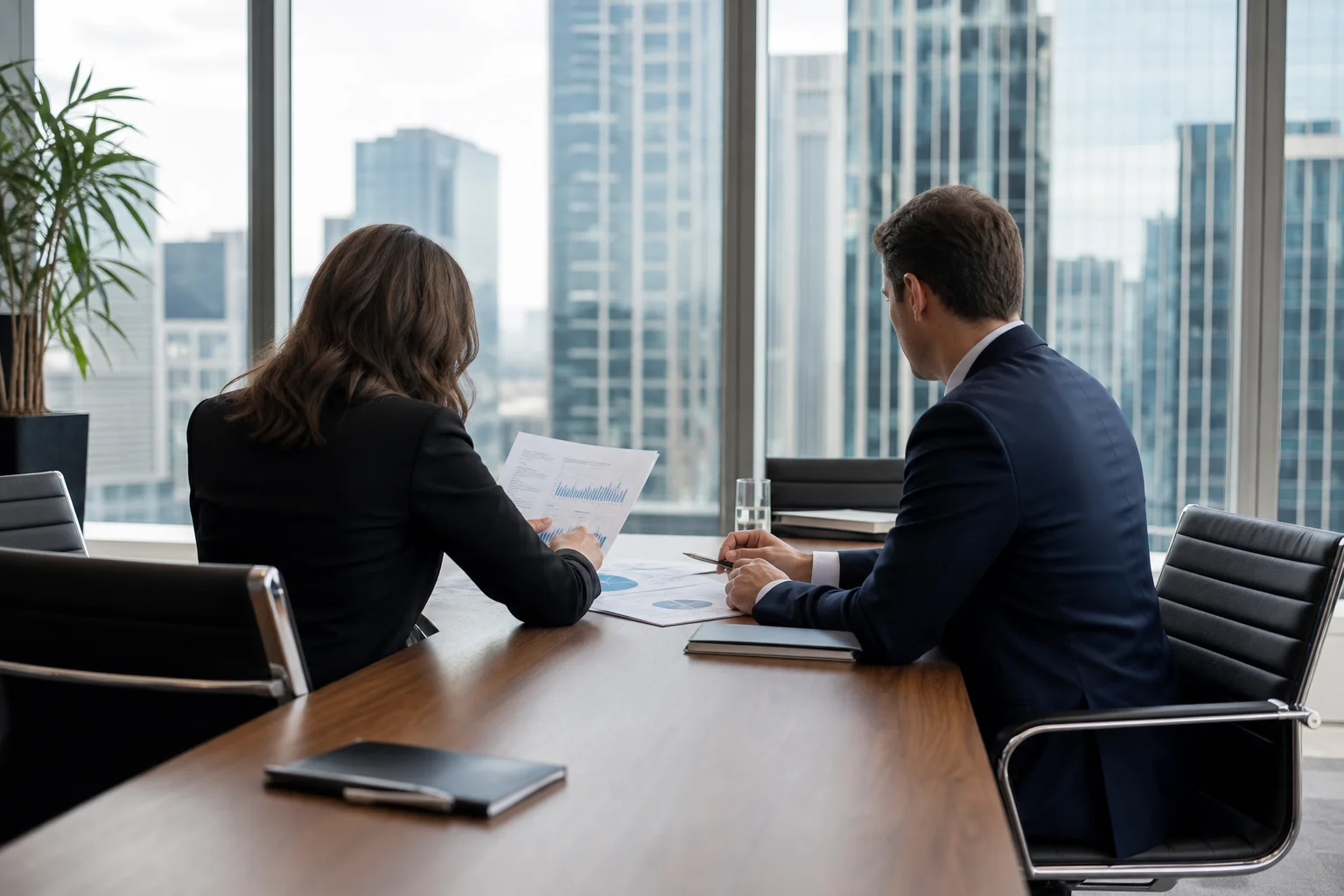Professionals reviewing documents in a meeting room overlooking a city skyline