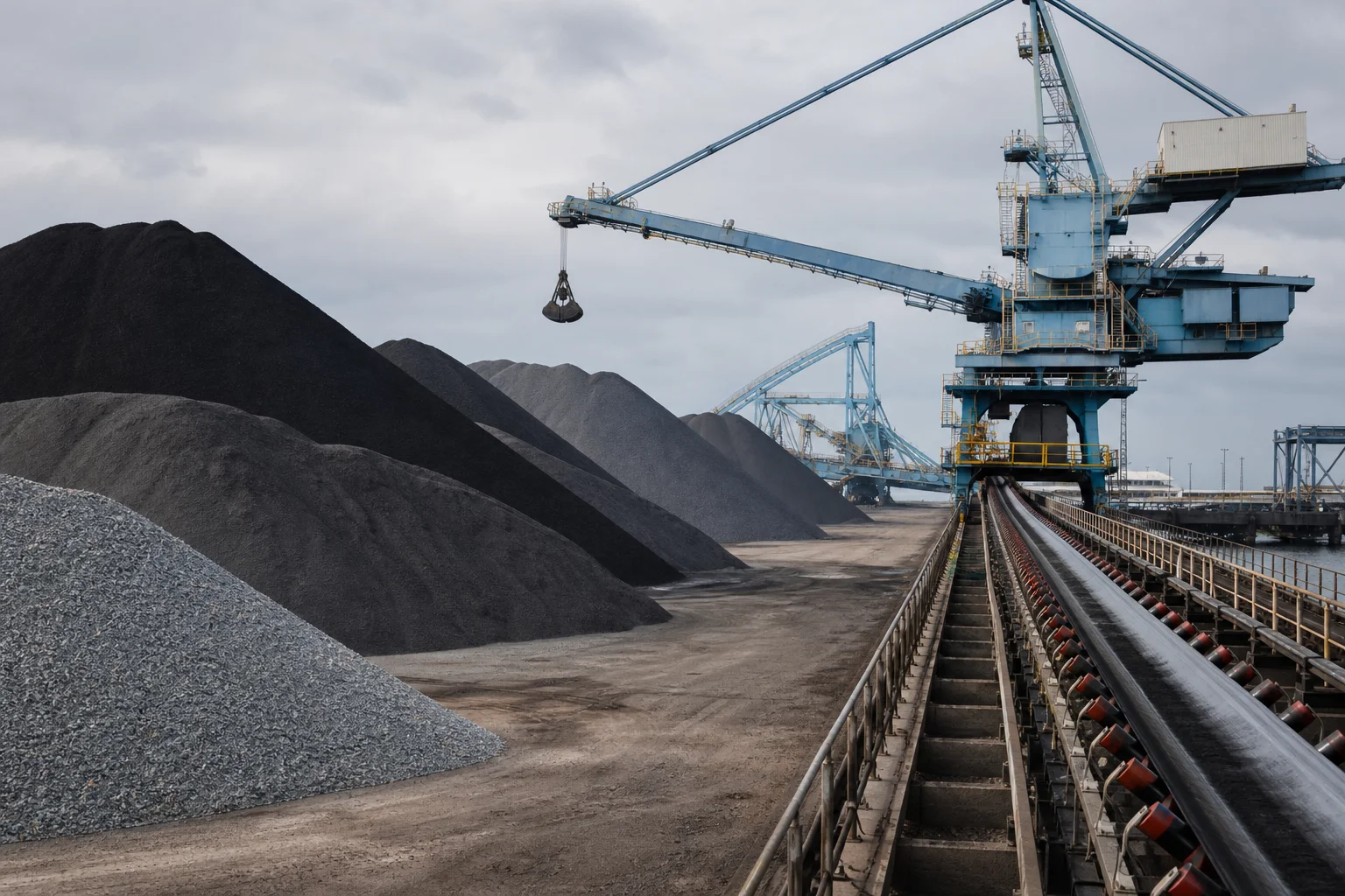Material a granel y bandas transportadoras en una terminal de commodities