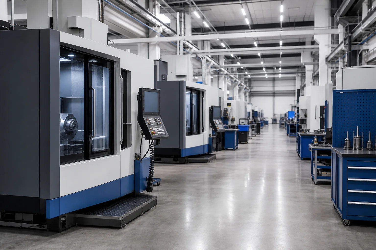 Machining centres in a clean, well-lit manufacturing hall