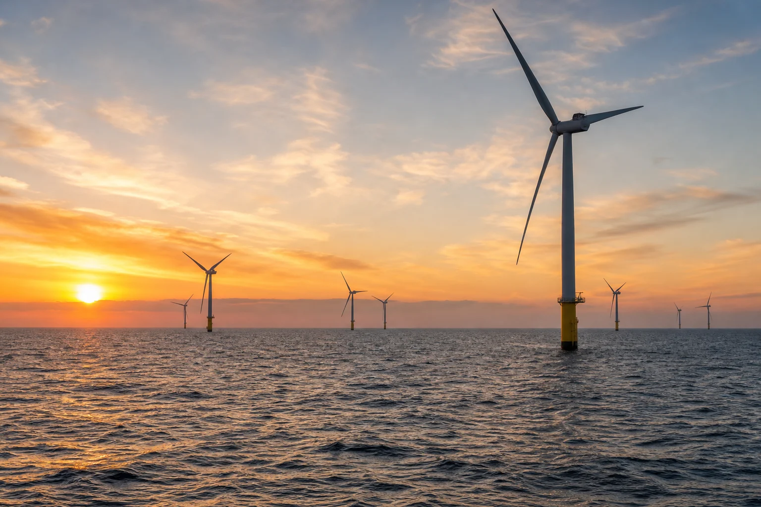 Offshore wind turbines at sea in golden light