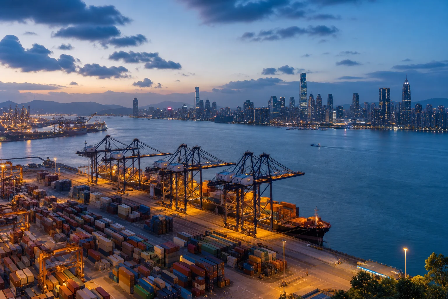 A container terminal on a wide river at dusk with gantry cranes and stacked containers