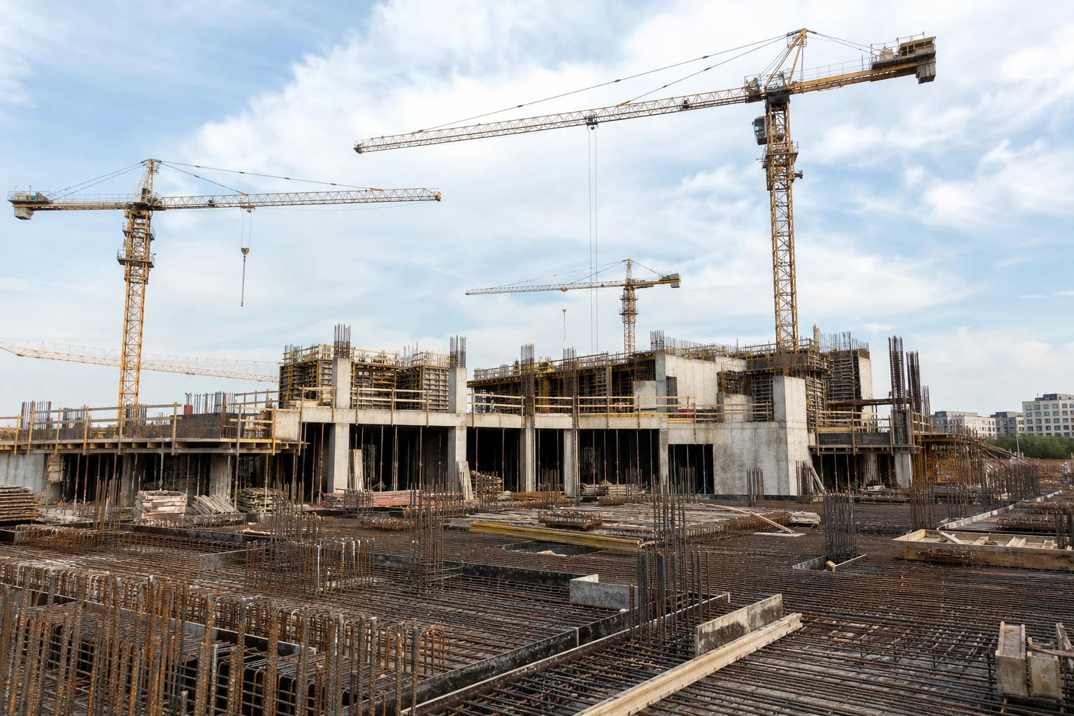 Grúas torre sobre una obra en construcción