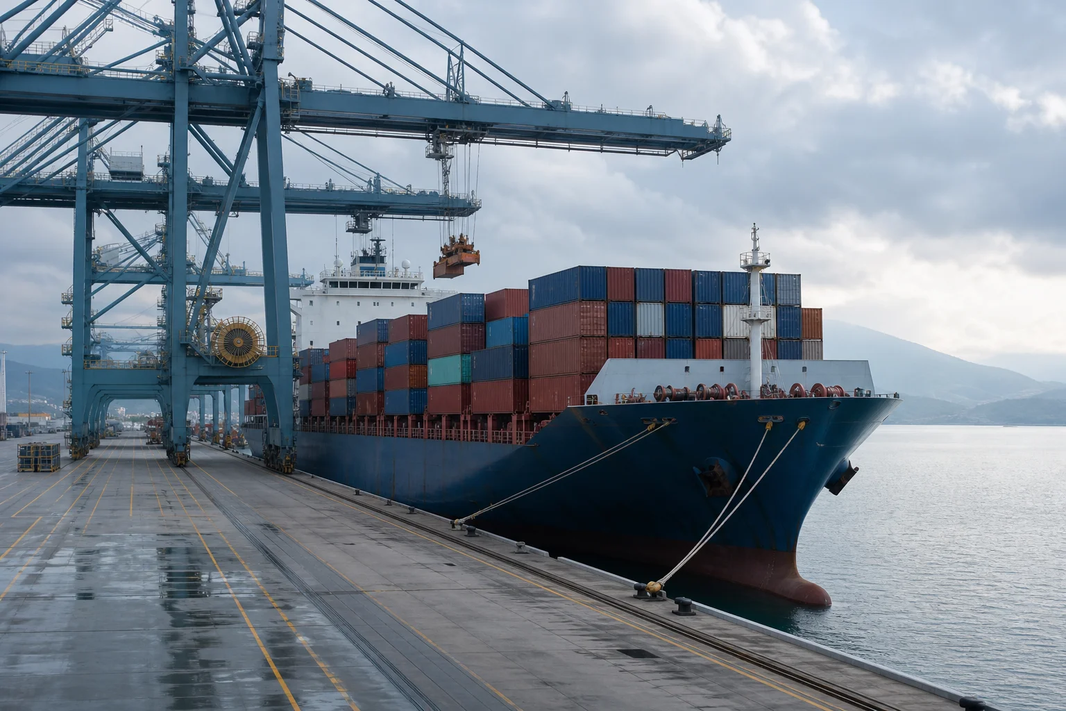 Un buque portacontenedores cargado bajo grúas pórtico en una terminal portuaria moderna