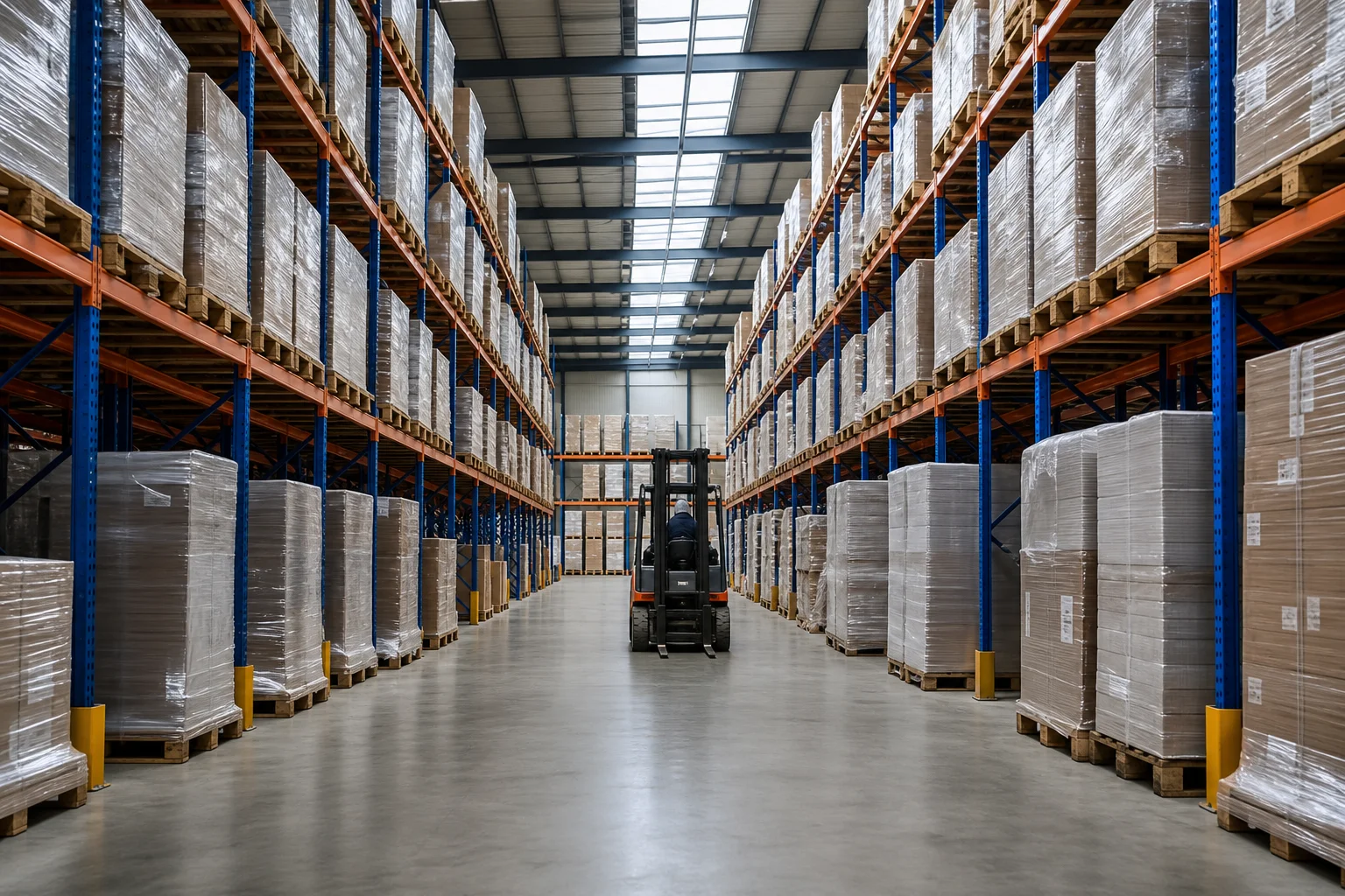 Aisles of racked pallets inside a large modern logistics warehouse