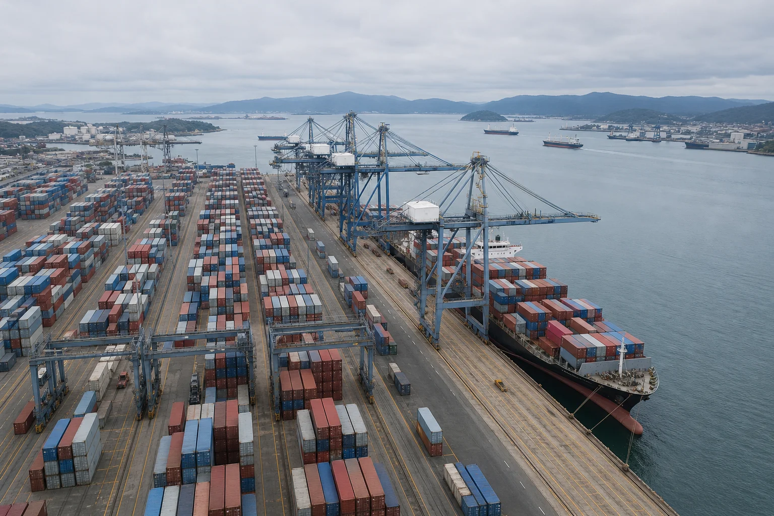 Aerial view of a container terminal with gantry cranes and a moored container ship