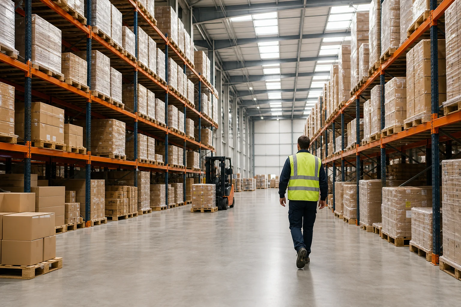 A large, bright distribution warehouse with tall racking and palletised goods