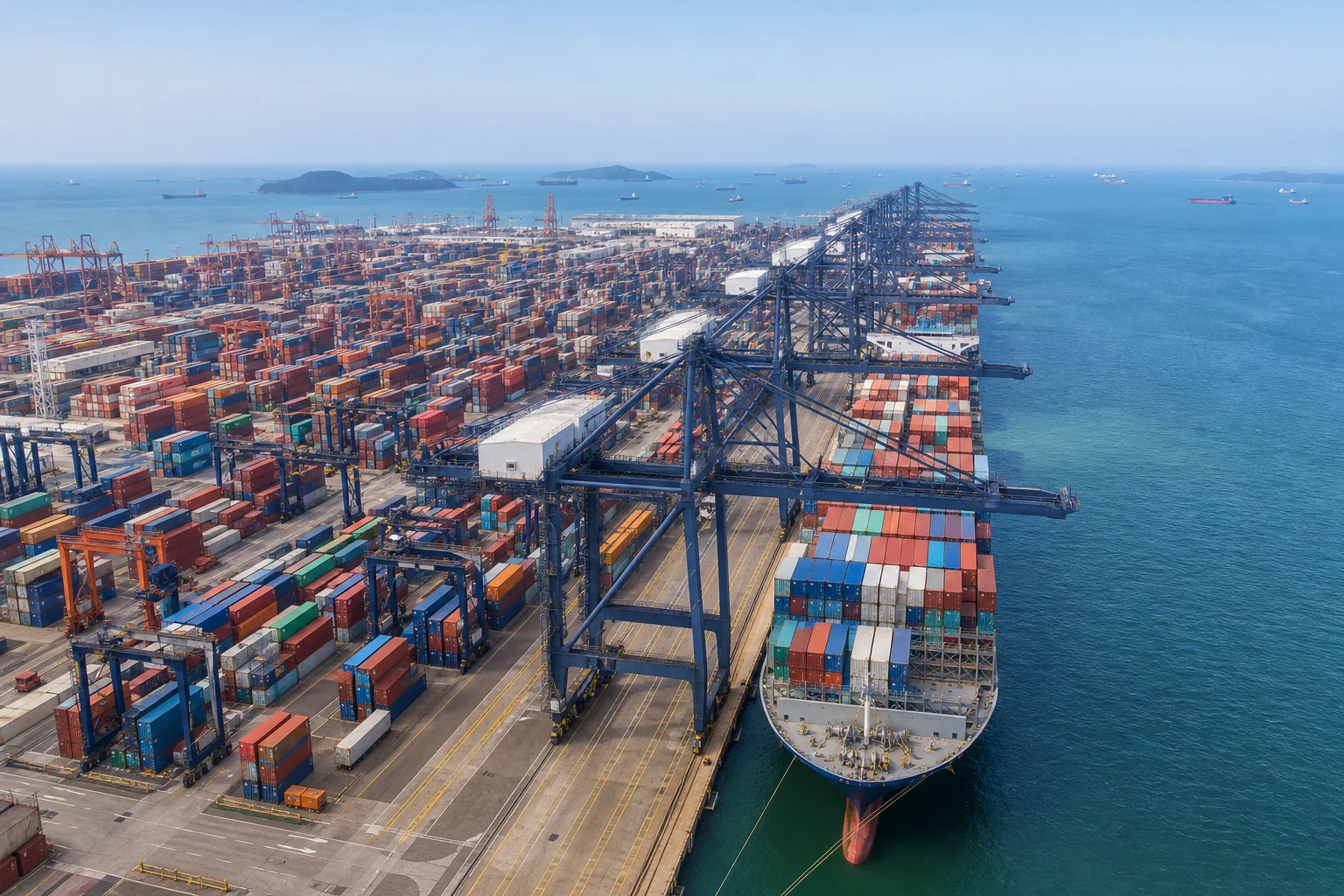 Vista aérea de una terminal de contenedores con contenedores apilados, grúas pórtico y un buque en el muelle