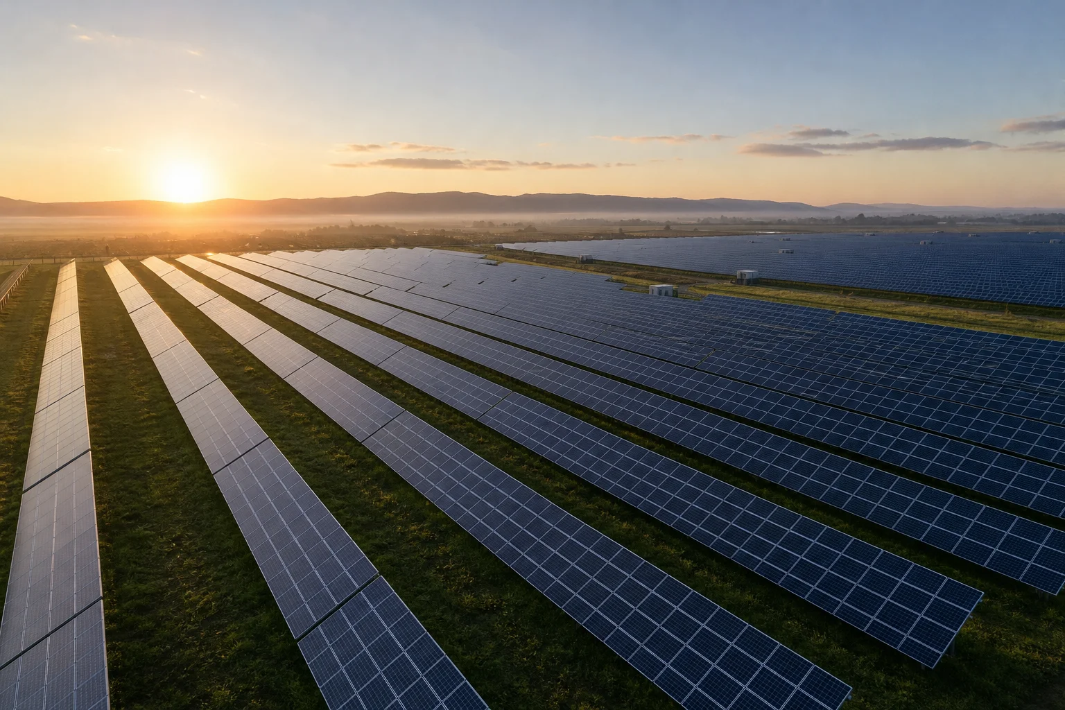 Aerial view of rows of solar panels at a large solar farm in early morning light