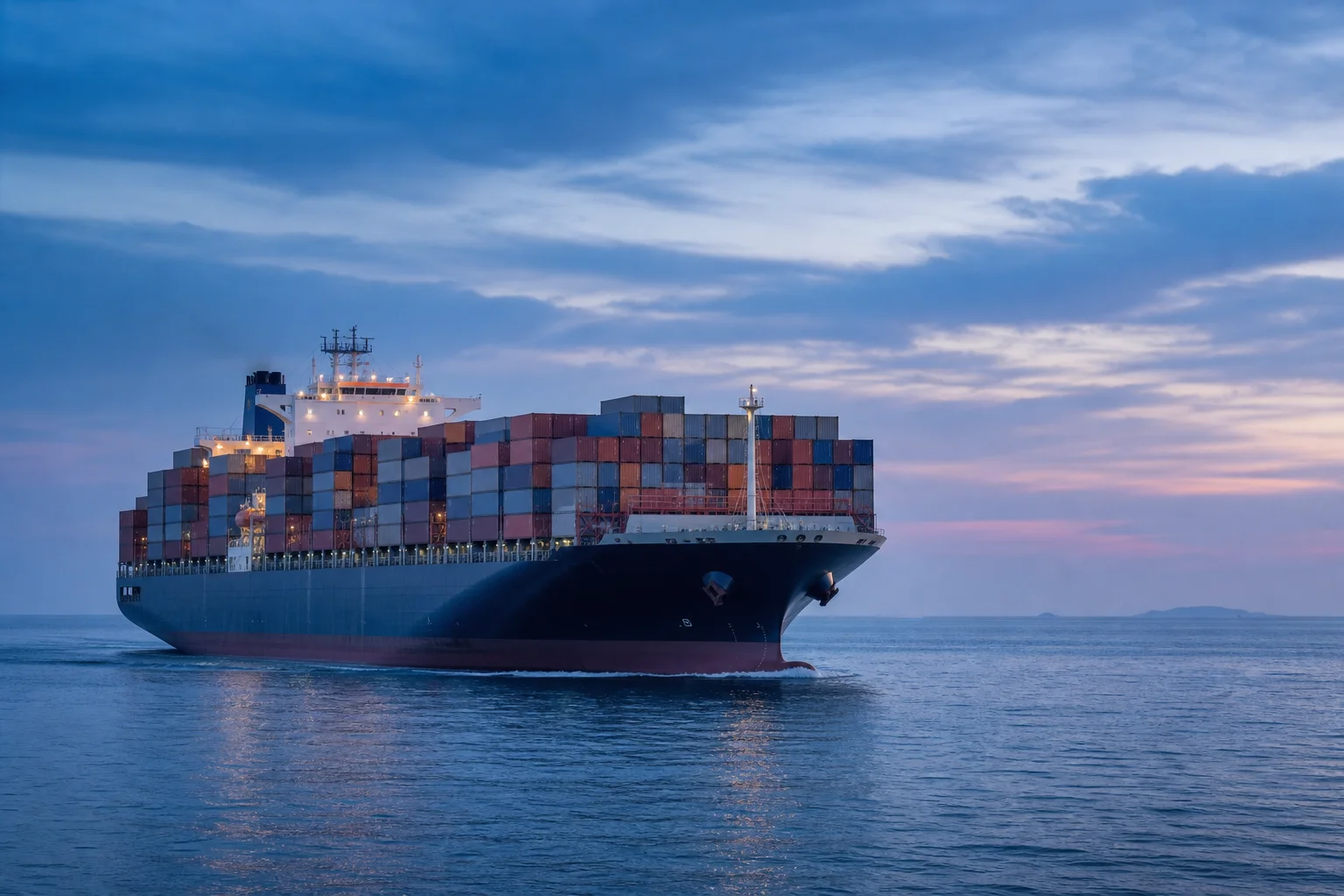 A container ship with unmarked containers sailing across calm open sea at blue hour
