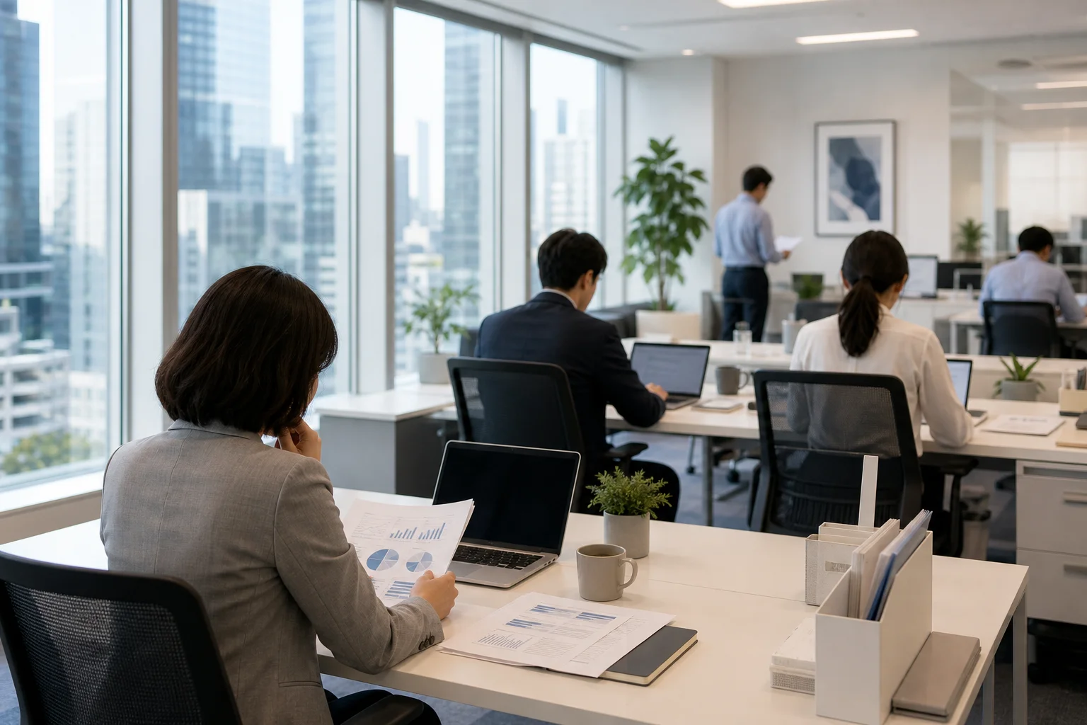 Professionals reviewing documents and screens in a bright open-plan office overlooking a city
