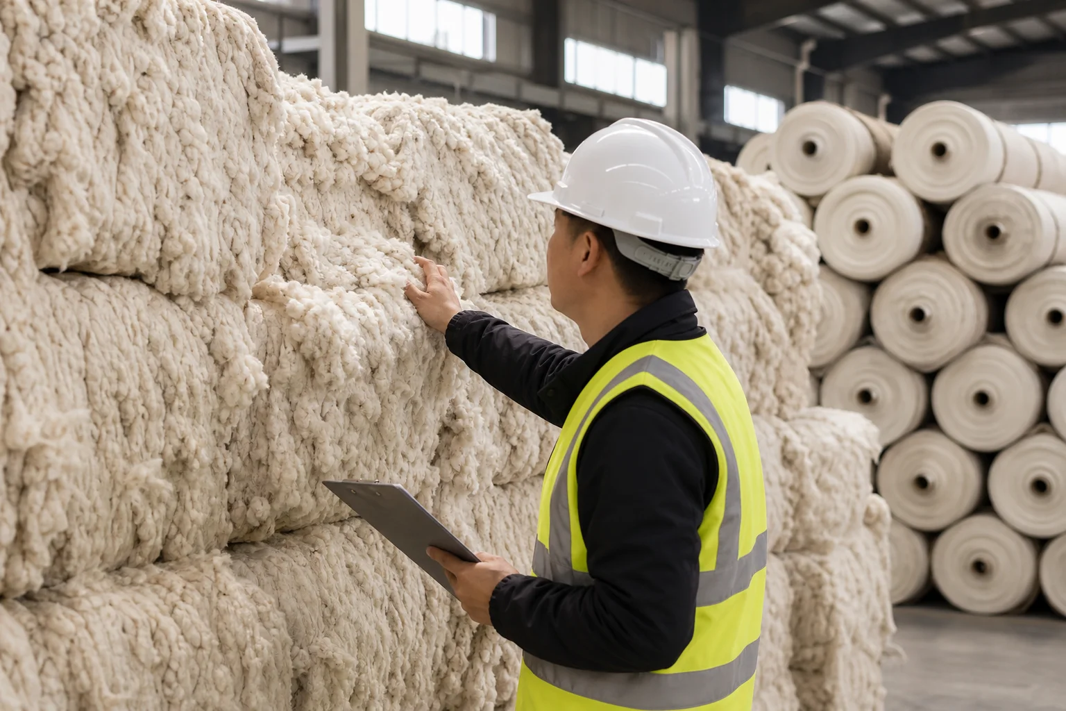 An inspector in a hard hat examining bales of raw cotton and rolls of fabric in a warehouse